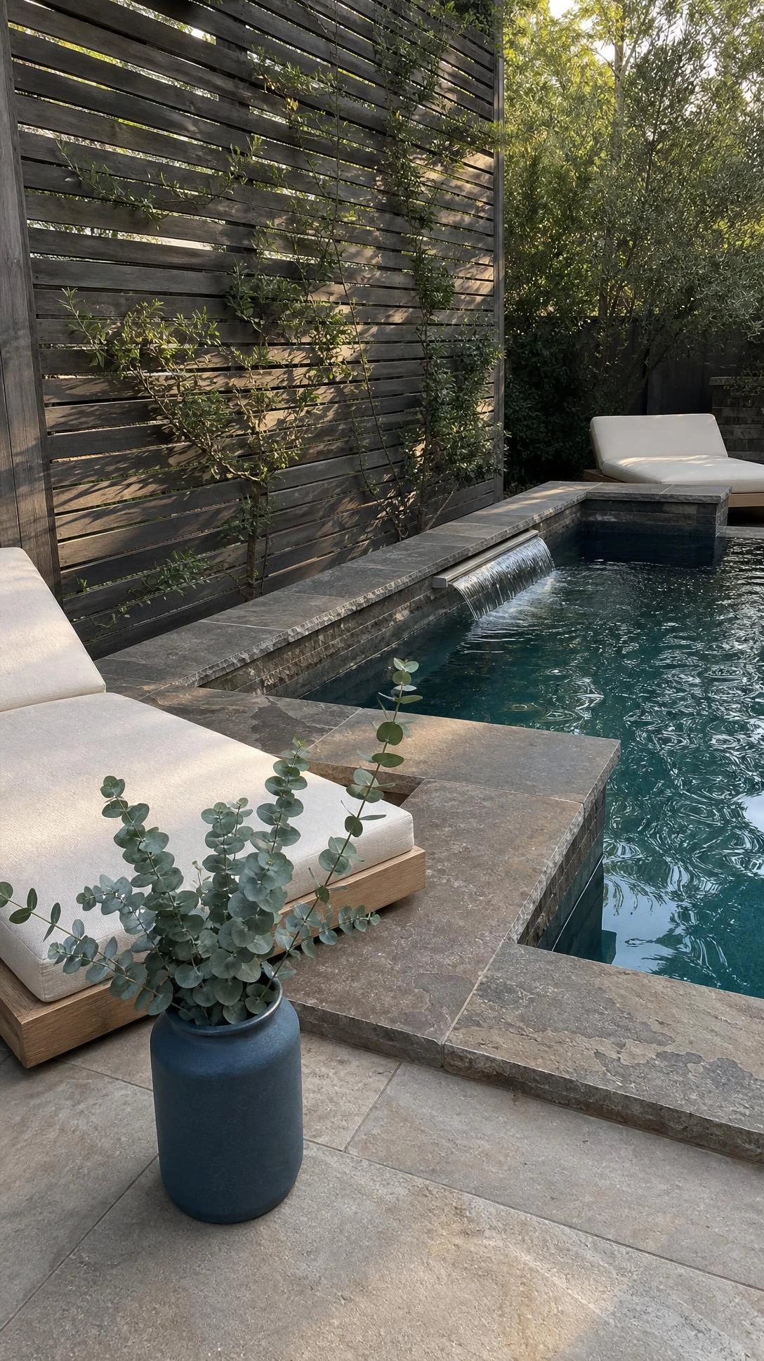 Spa-style small backyard pool with warm charcoal stone coping and deep blue-green water, showing how natural travertine creates a luxury feel in compact outdoor spaces