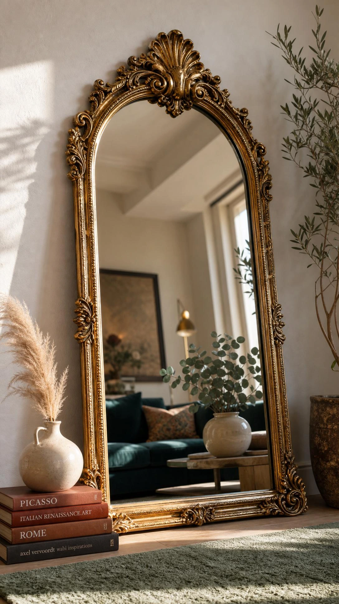 Tall ornate gold leaf statement mirror with sculptural arched frame leaning against a warm white living room wall, emphasizing dramatic vertical height and intricate frame detail