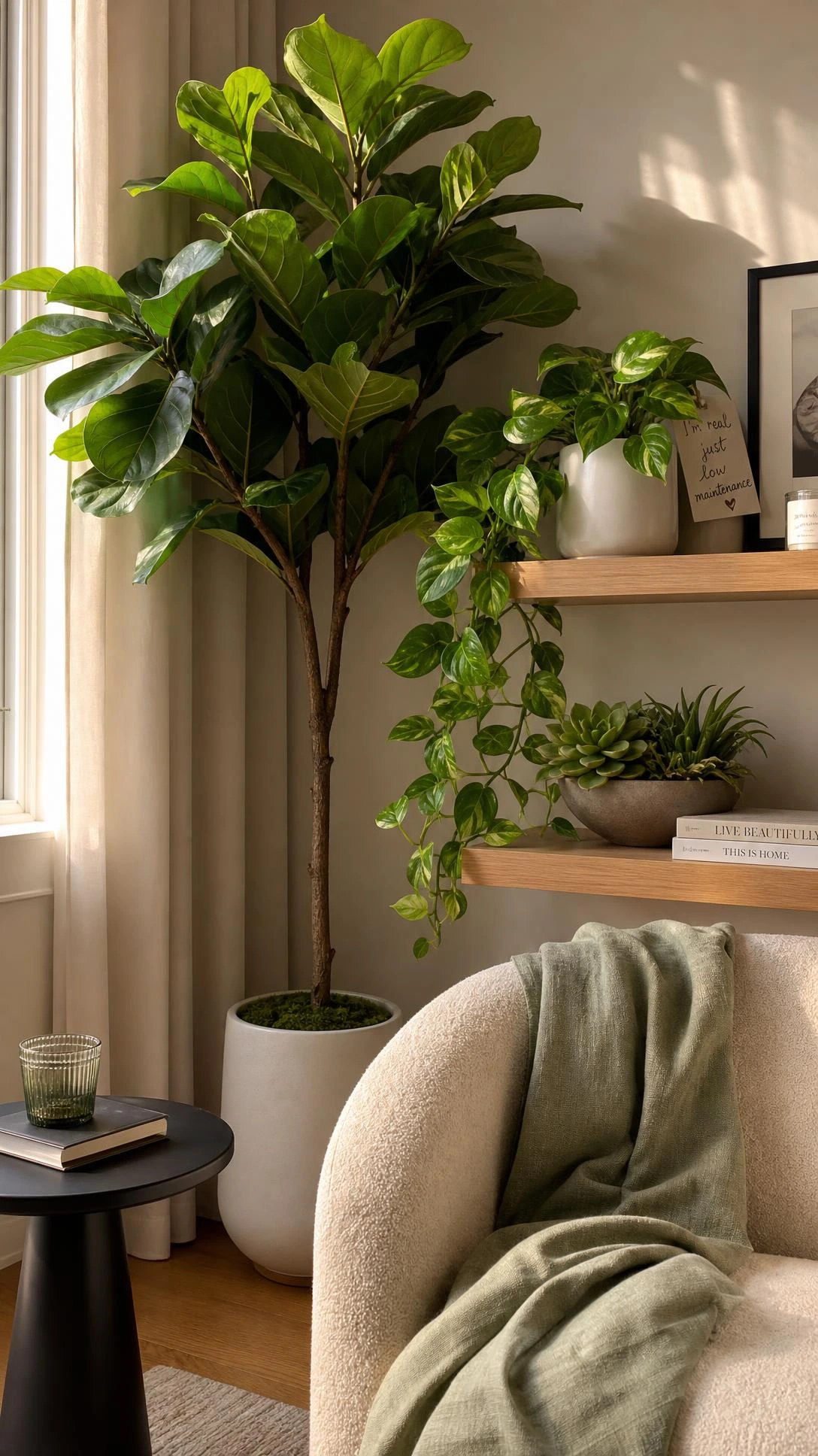 Realistic faux fiddle leaf fig and trailing pothos styled in a sunlit modern living room corner, proving artificial plants can look just as lush indoors