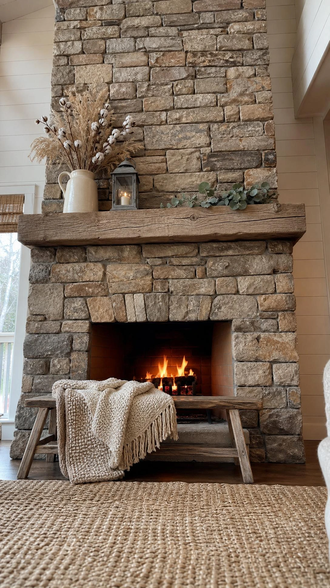 Floor-to-ceiling stacked fieldstone fireplace surround in warm taupe and sandy beige tones anchoring a cozy farmhouse living room