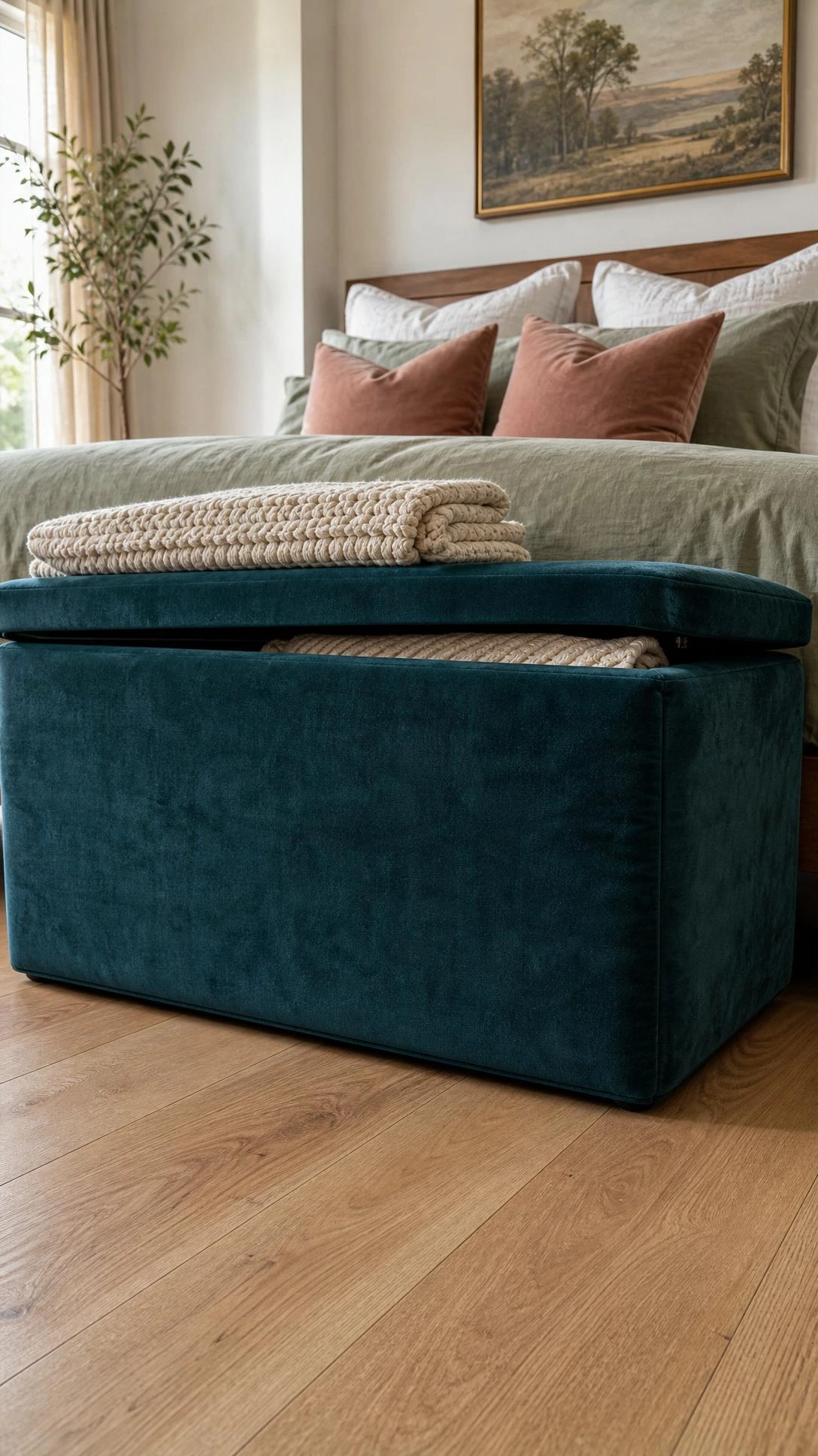 Deep teal velvet storage ottoman at the foot of a neatly made bed on light wood floors, doubling as stylish bedroom organization with hidden storage inside