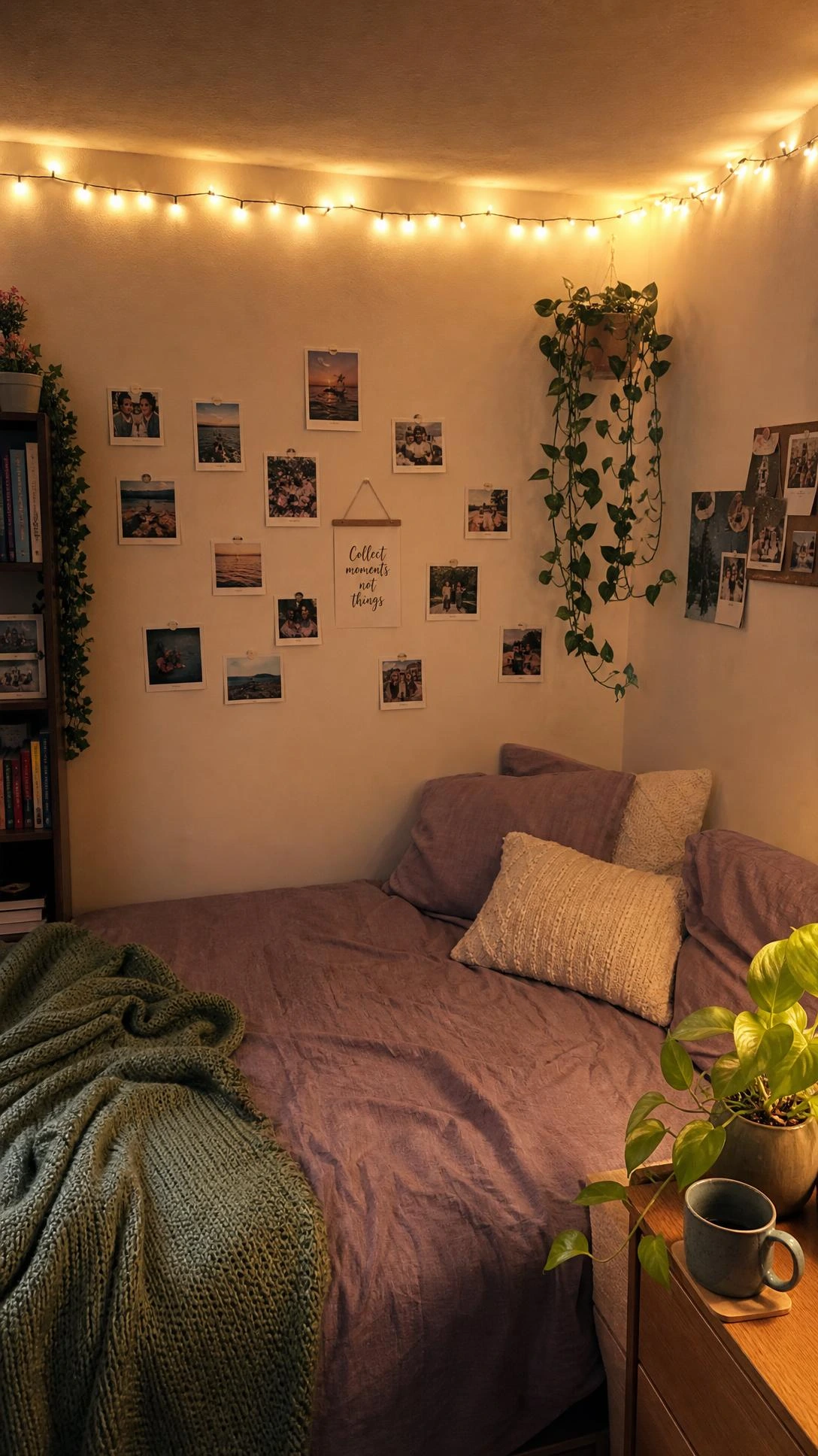Warm amber string lights draped along the ceiling line of a cozy dorm room corner, casting a soft golden glow down the wall below