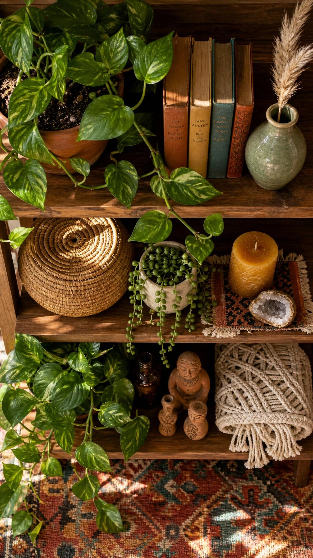 Overhead flat lay of boho wooden shelves styled with trailing pothos in terracotta pots woven between curated objects, showing how shelf greenery creates layered personality