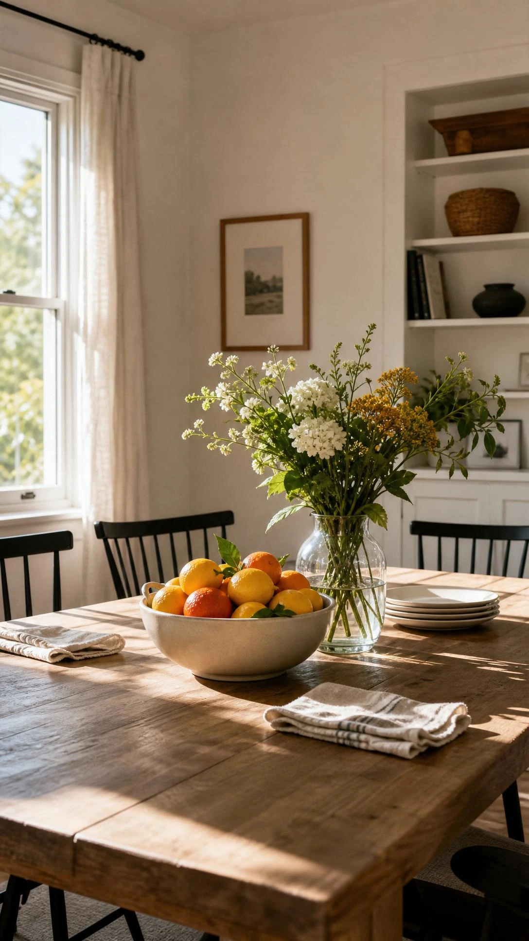 A ceramic bowl of citrus and a clear vase of stems form a simple summer centerpiece on the table.