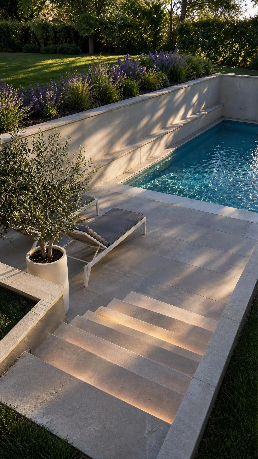 Sunken patio pool design built into a split-level backyard, viewed from upper yard looking down into the recessed outdoor space with glowing pool water below