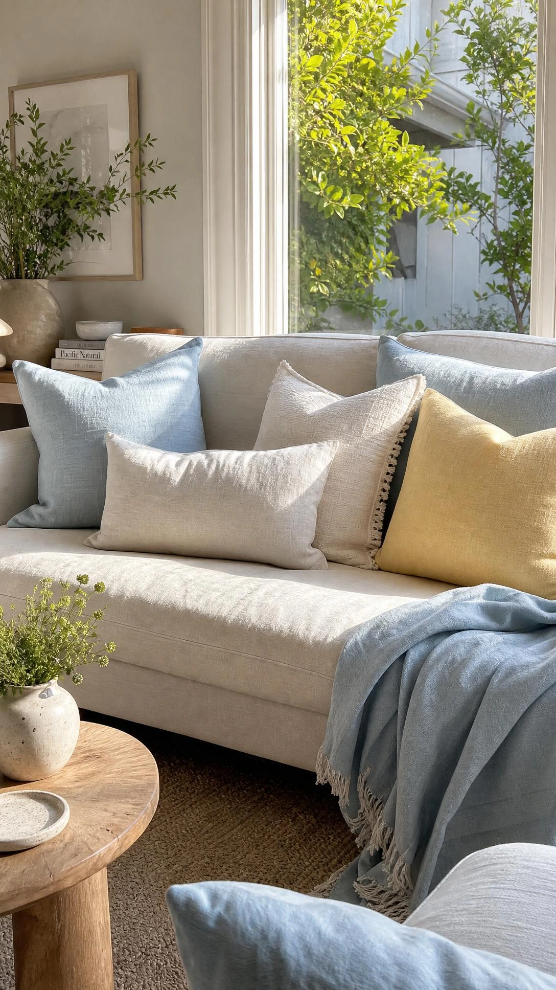 Light pillow covers in sky blue and pale yellow refresh a summer sofa with airy linen texture.