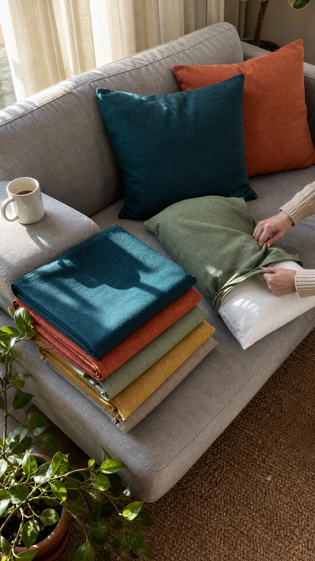 Stack of five cushion covers in deep teal, terracotta, and dusty sage draped over a lived-in sofa arm, showing how swapping covers transforms a room without buying new furniture