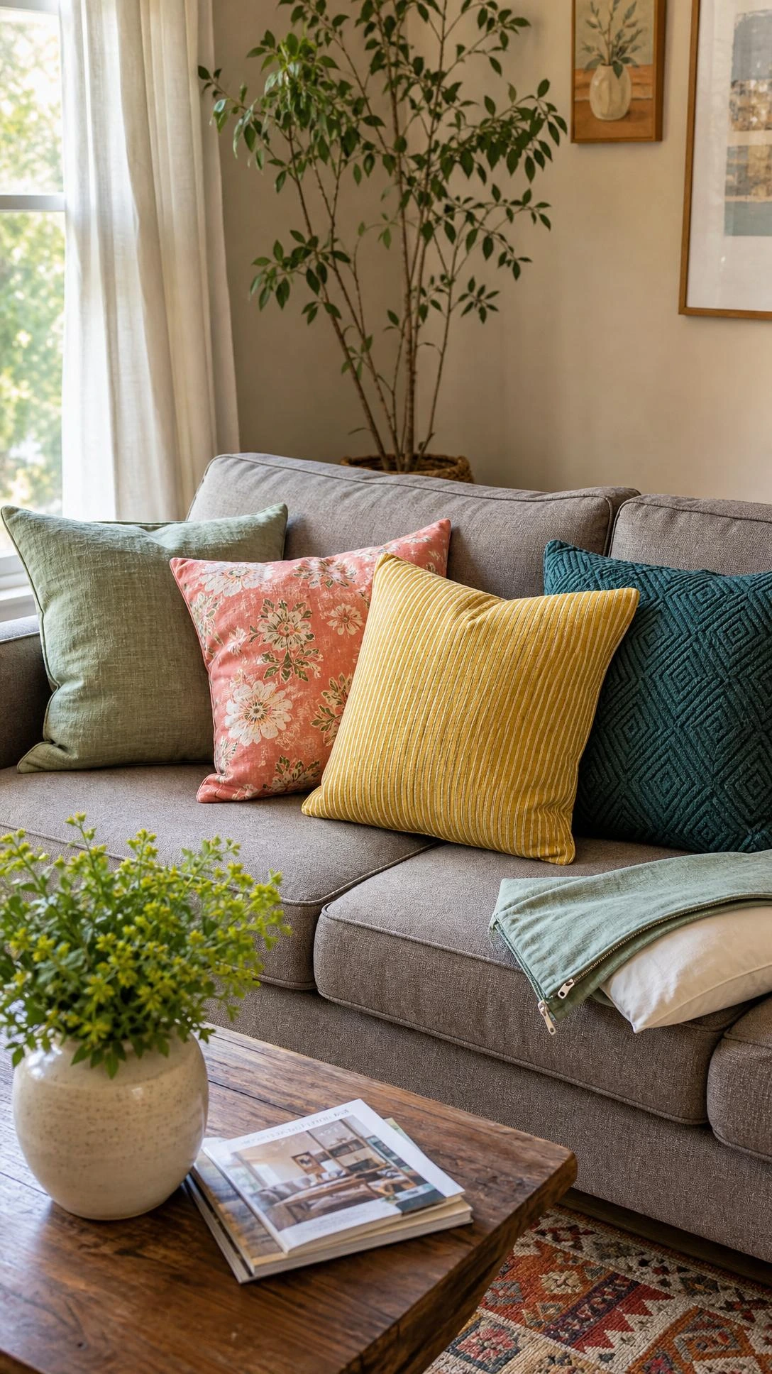 Secondhand gray sofa refreshed with sage, coral floral, mustard striped, and teal throw pillow covers for budget living room style