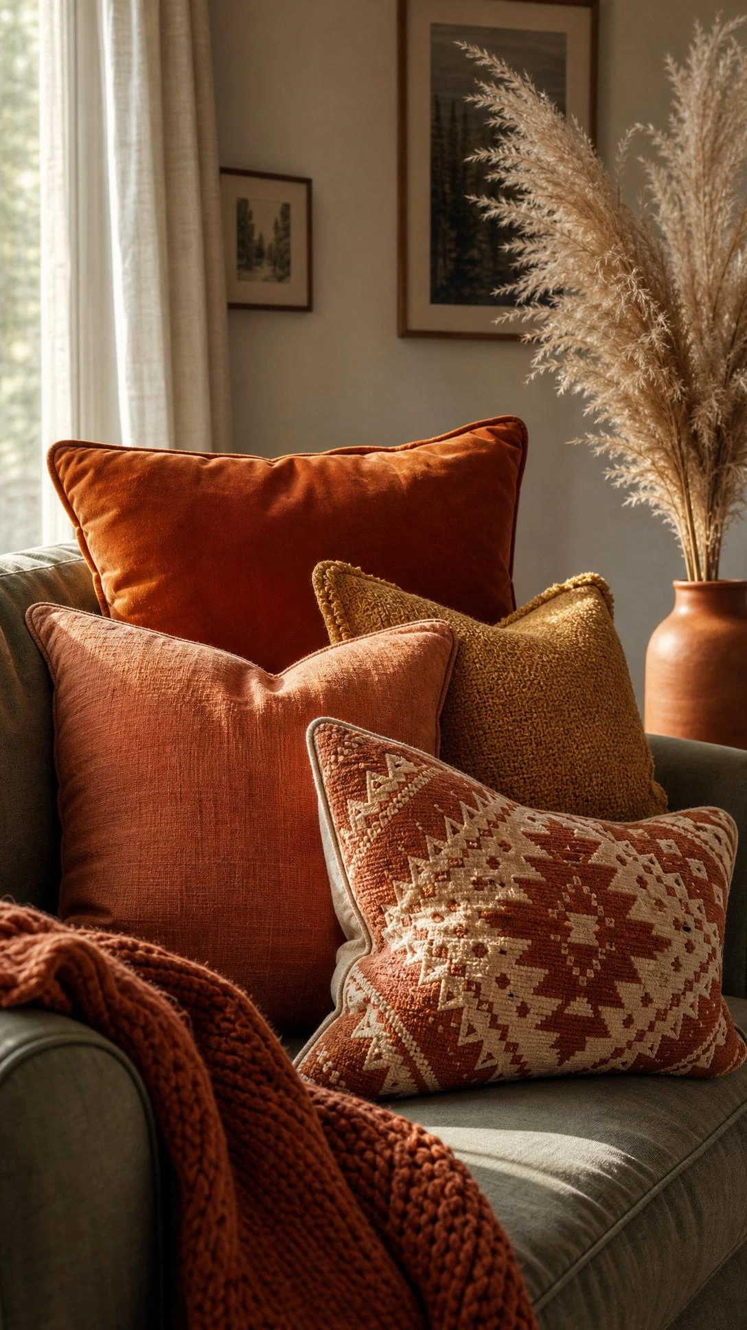 Cozy fall living room sofa layered with burnt orange velvet, terracotta linen, mustard yellow, and rust-cream geometric throw pillows in warm window light