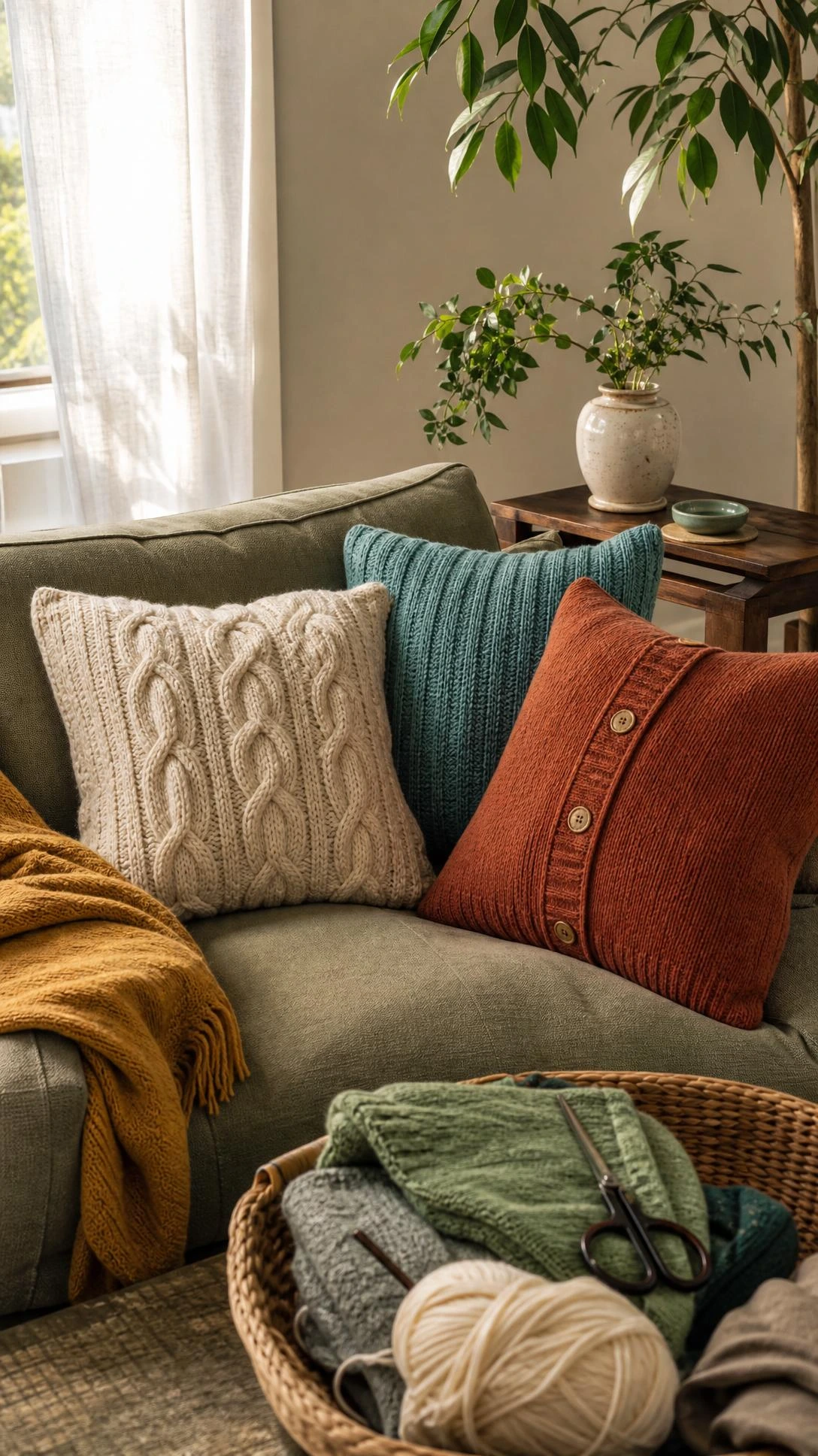 DIY sweater pillow covers in cream cable knit, teal ribbed knit, and rust cardigan style cozy up a lived-in sofa corner