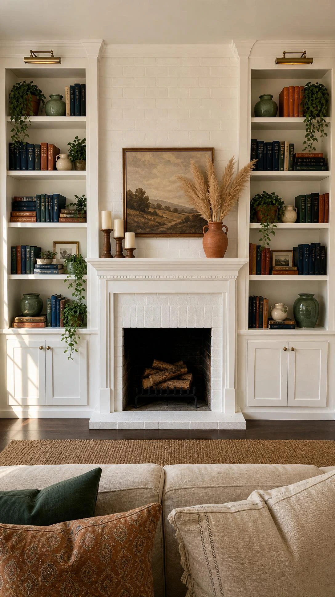 Symmetrical floor-to-ceiling built-in bookcases flank a white brick fireplace, styled with navy, green, and terracotta books and ceramic vessels