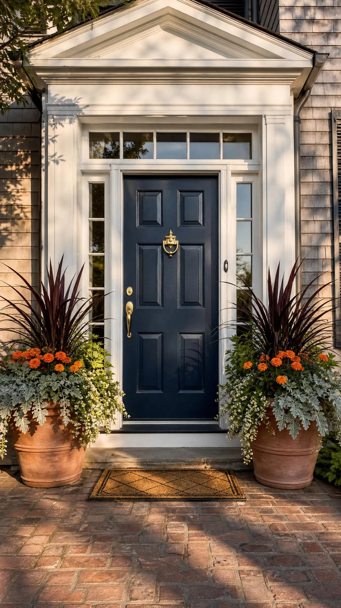 Two oversized terra cotta planters with lush greenery flank a navy blue front door with brass hardware, showing how symmetrical curb appeal transforms an entryway