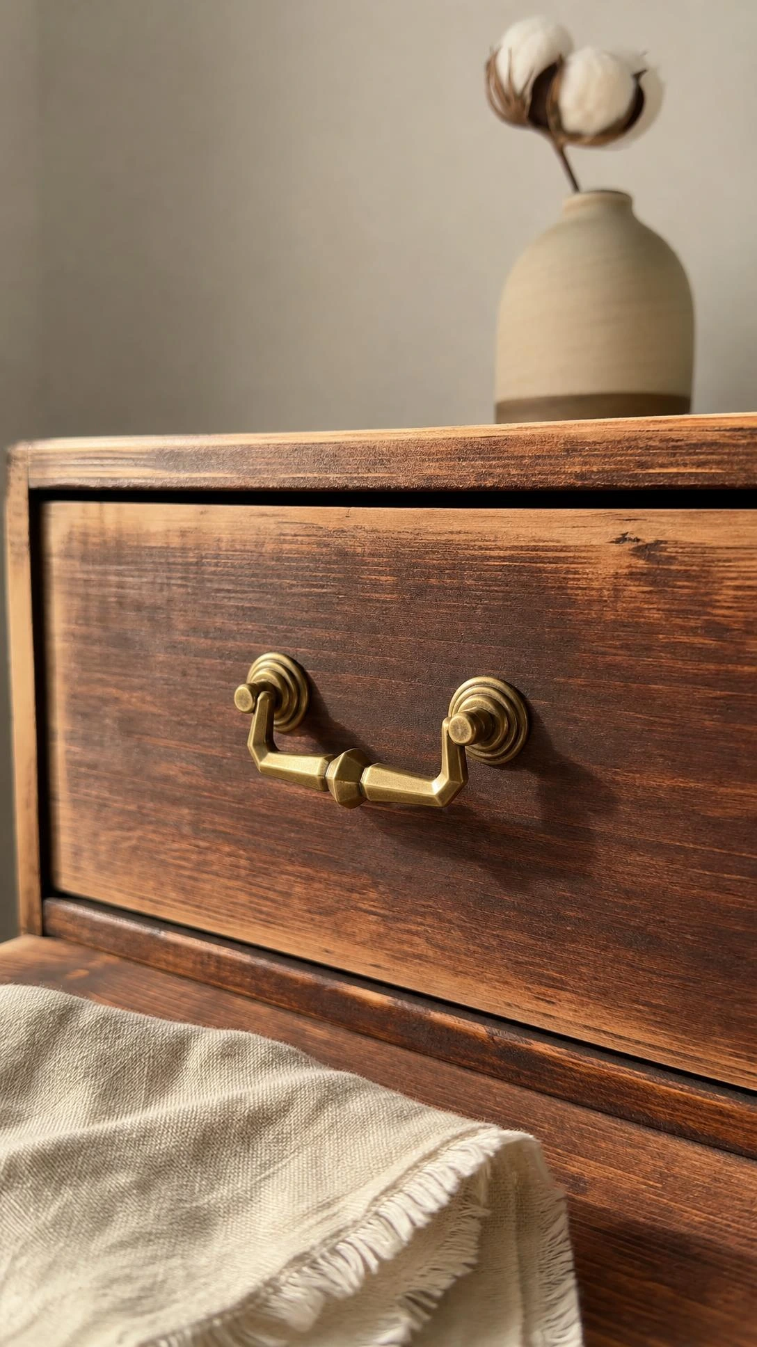 TARVA dresser transformed with rich walnut wood stain, showing visible pine grain and an antique brass drawer pull with aged gold faceted detailing