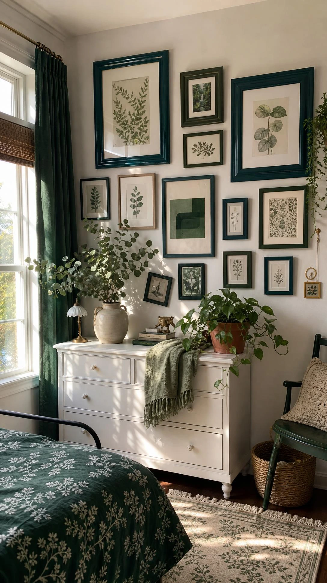 Gallery wall of teal and forest green picture frames in mixed sizes arranged on a white plaster wall in a cozy small bedroom corner with soft natural light