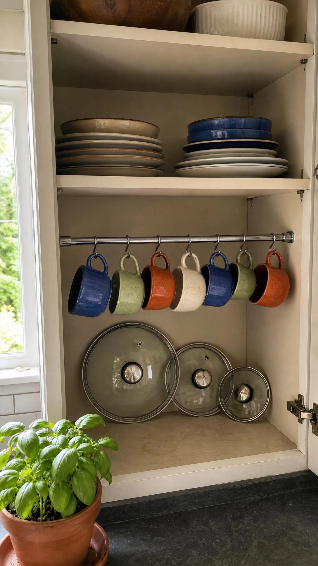 Chrome tension rod installed inside a lower kitchen cabinet, holding hanging mugs and lids to free up shelf space — a simple DIY kitchen organization hack