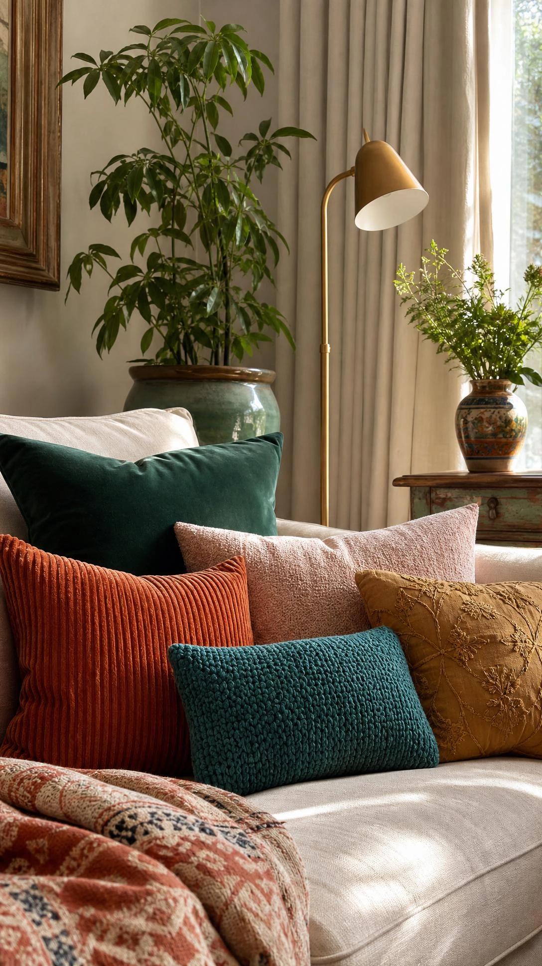 Textured throw pillows in emerald velvet, rust corduroy, blush boucle, and mustard embroidery elevate a cream sofa