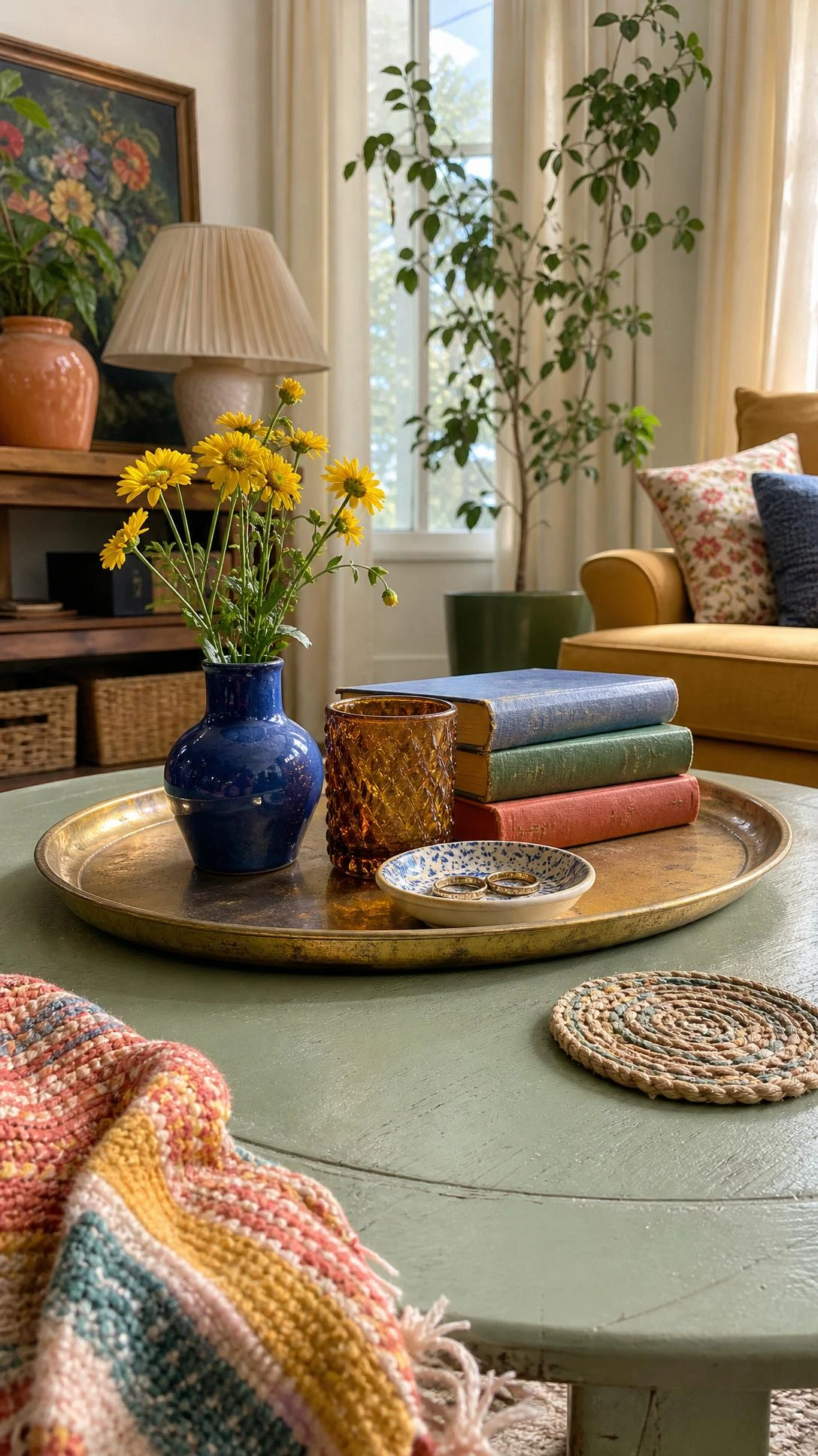 A thrifted decor tray in worn brass catches window light on a sage-green coffee table, showing a budget-friendly room refresh