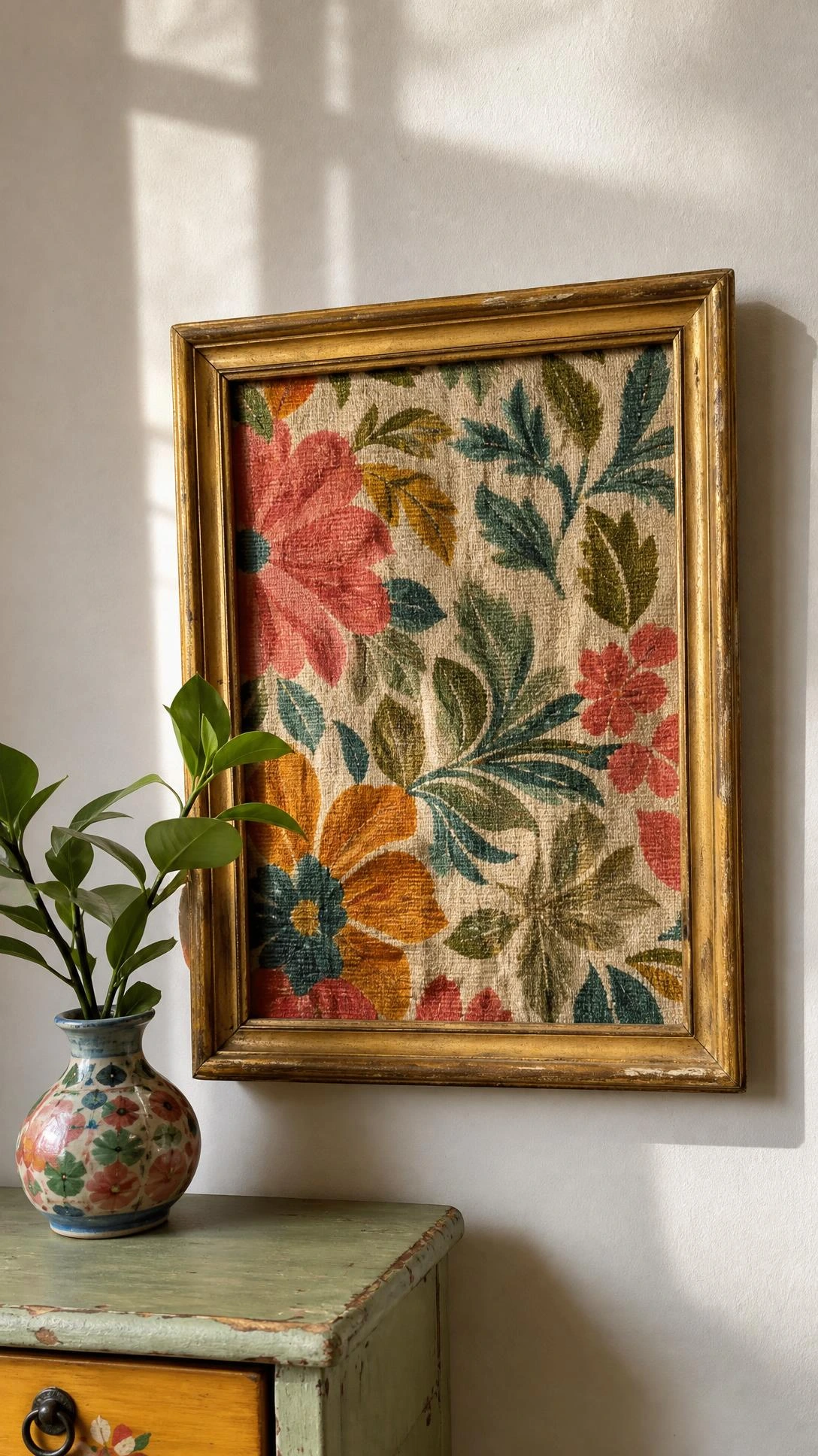Scuffed gold thrift-store frame with colorful woven botanical fabric, a DIY home decor on a budget wall art hack