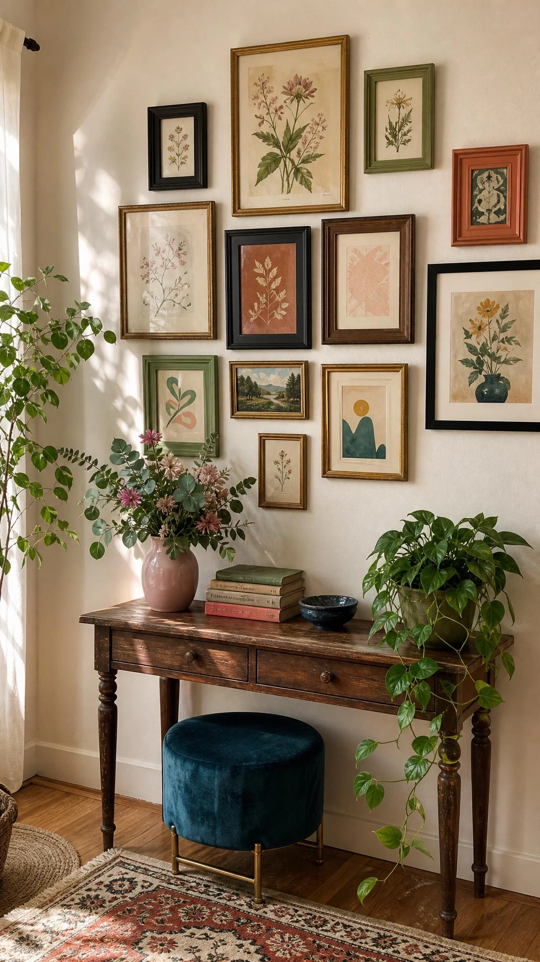 Thrifted frame gallery wall over a narrow vintage console shows mismatched brass, black, walnut, sage, and terracotta frames