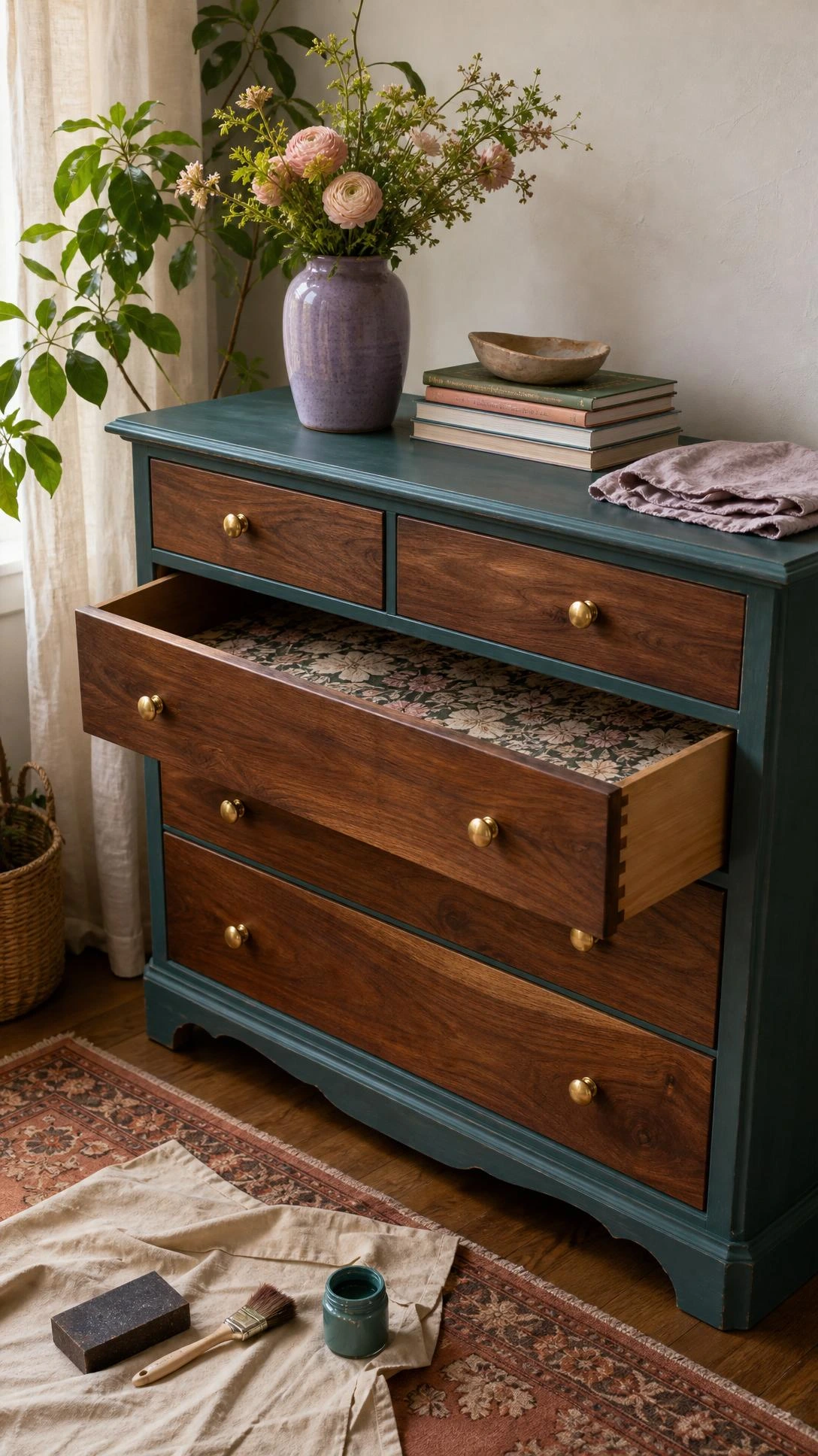 Thrifted wood dresser makeover showing full walnut drawers and a muted teal frame, a designer-style budget refresh