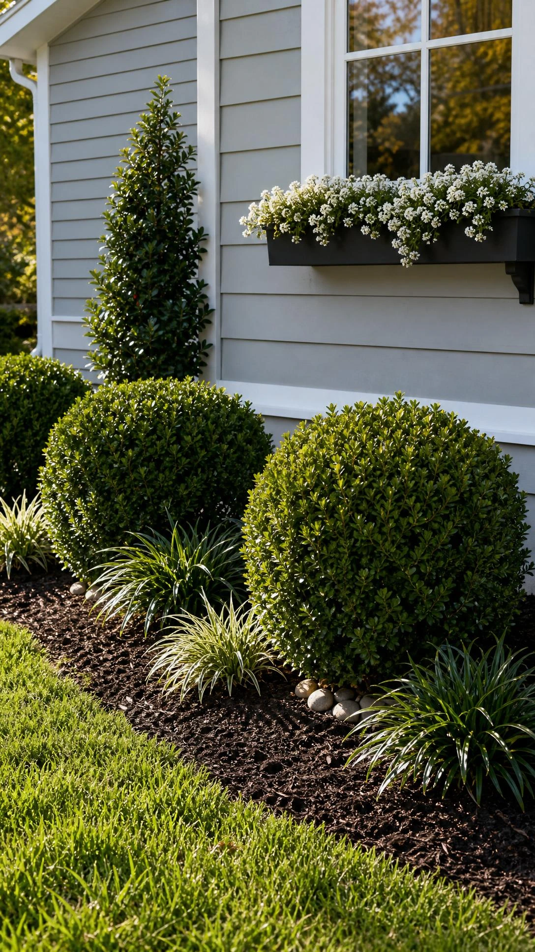 Neatly trimmed boxwoods and dark mulch foundation bed along a light gray home exterior, showing how low-maintenance curb appeal planting transforms a front yard