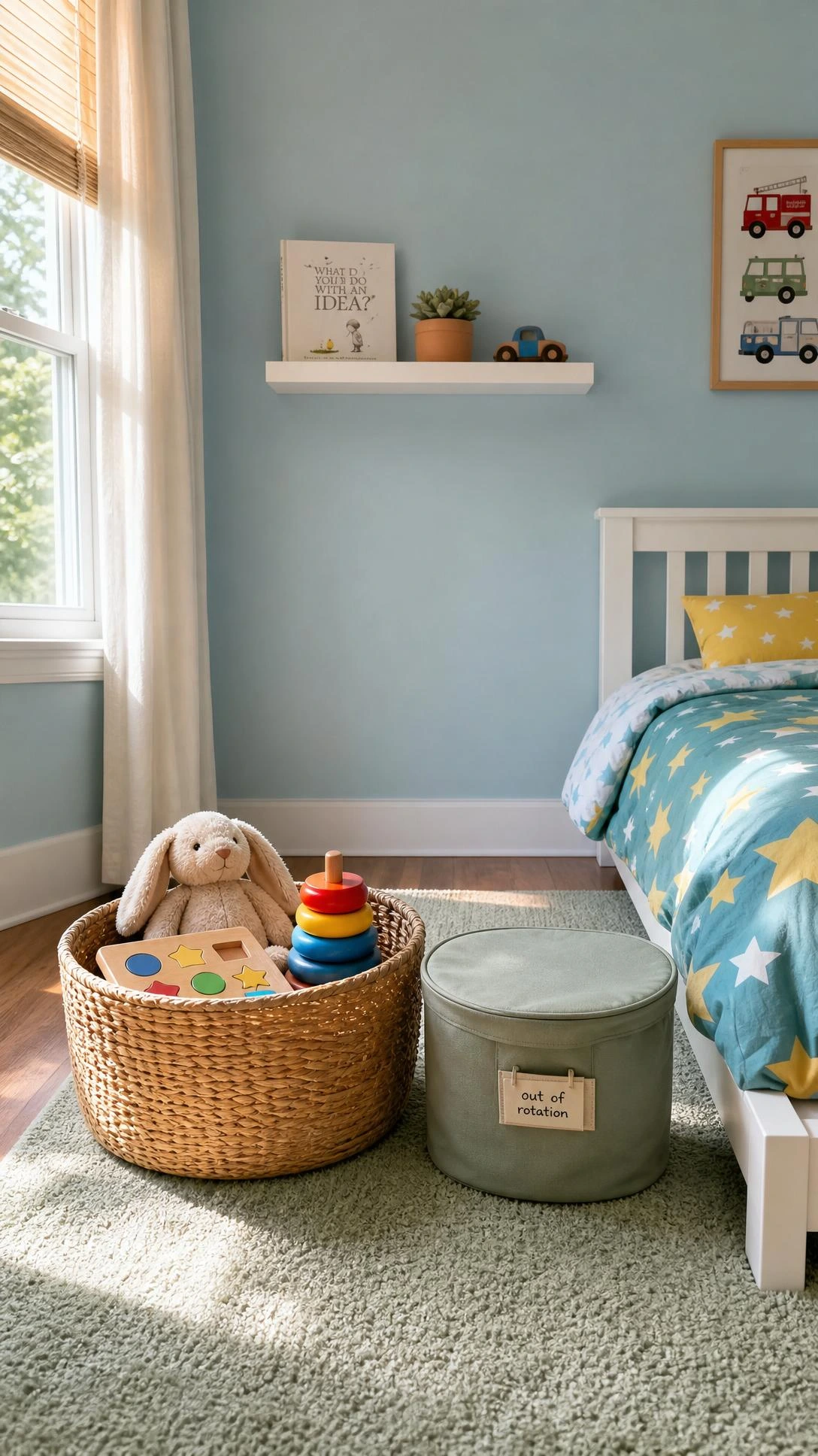 Woven rattan basket on mint rug holding curated toys — wooden puzzle, stuffed rabbit — showing a toy rotation system that prevents small kids bedroom clutter