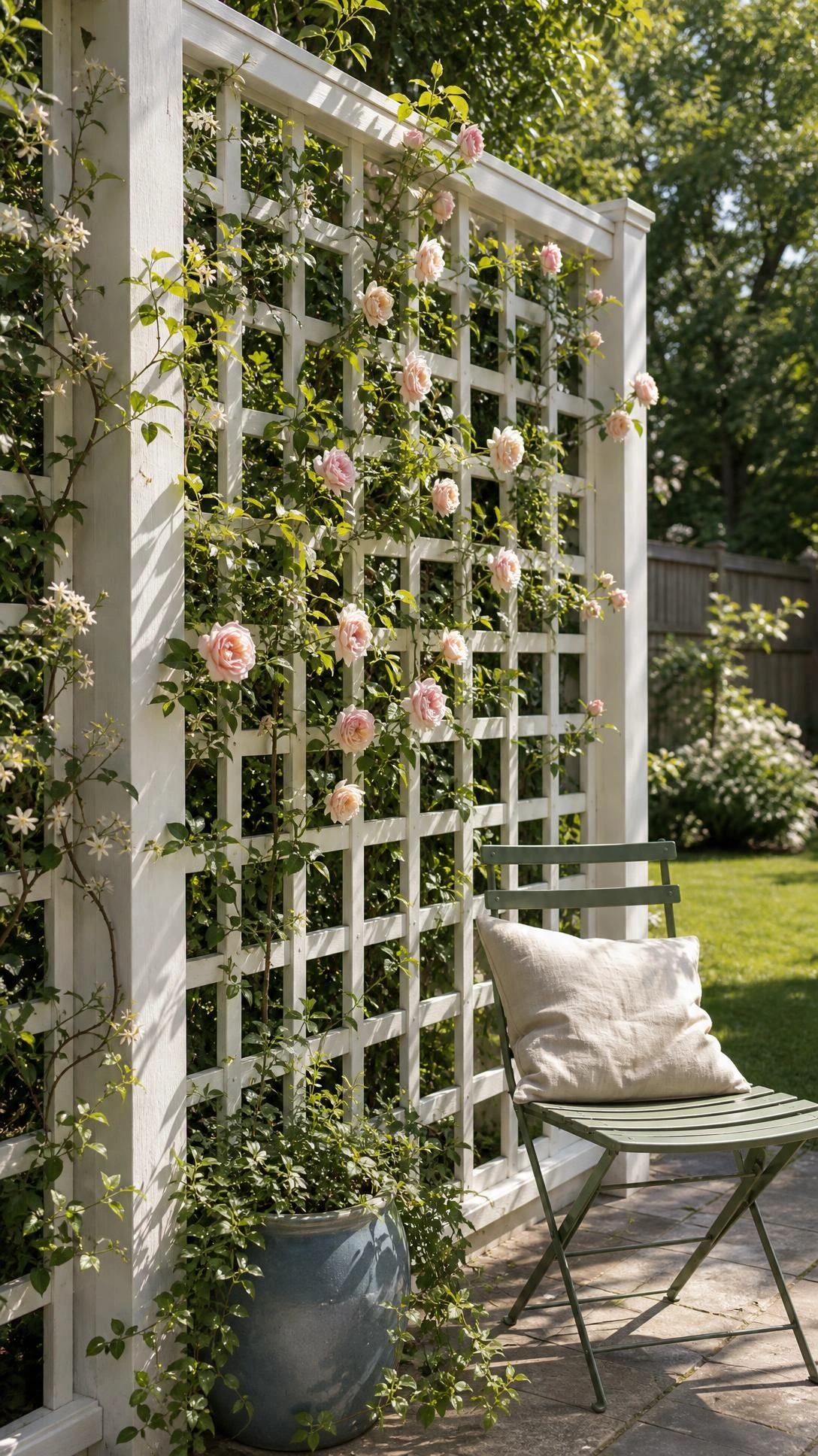 Tall white-painted wooden trellis privacy screen defining a small backyard garden space, with lush greenery creating cozy depth behind it
