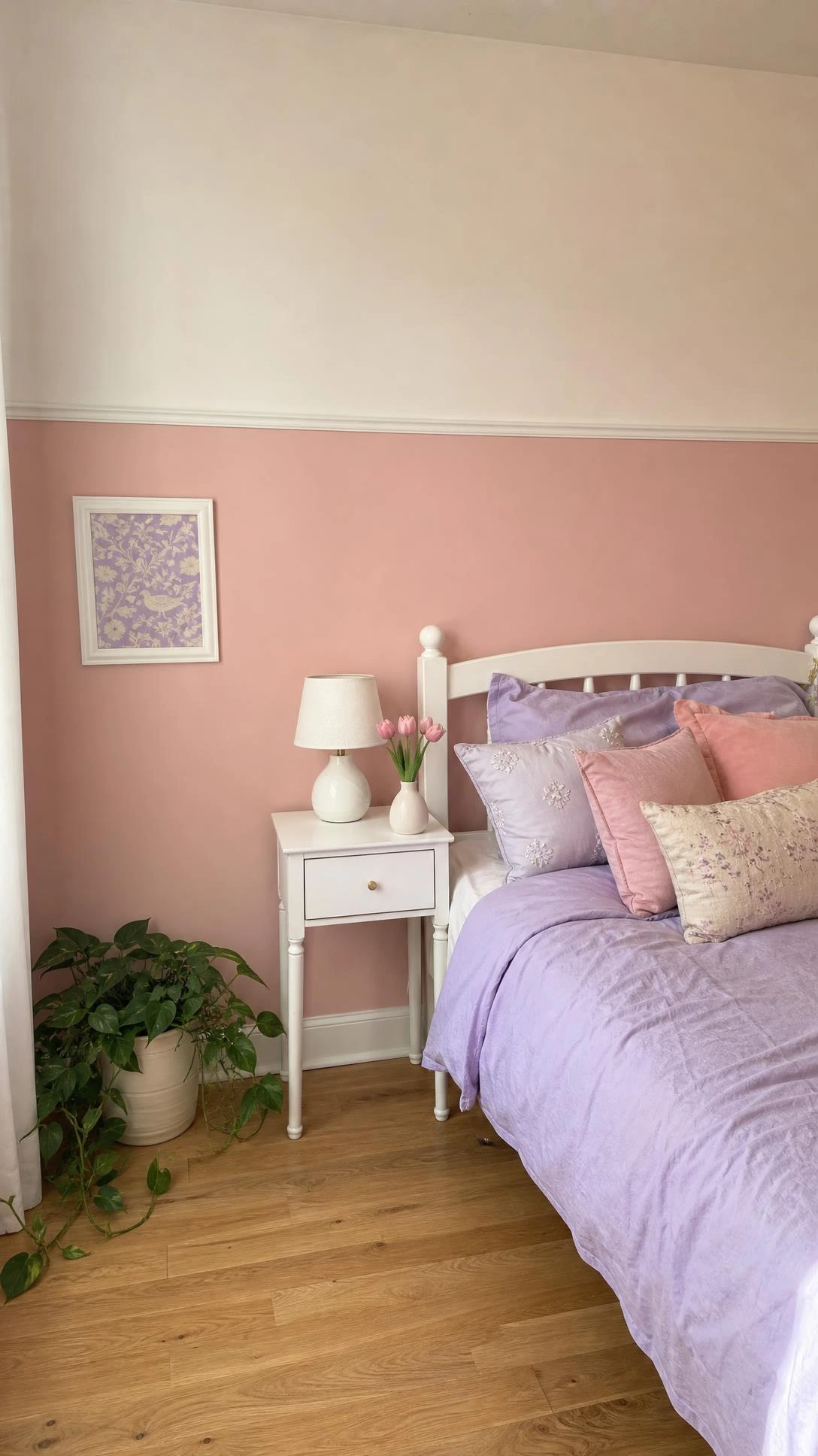 Girls bedroom with two-tone wall featuring soft warm white on top and blush pink below, divided by a clean horizontal line at chair-rail height