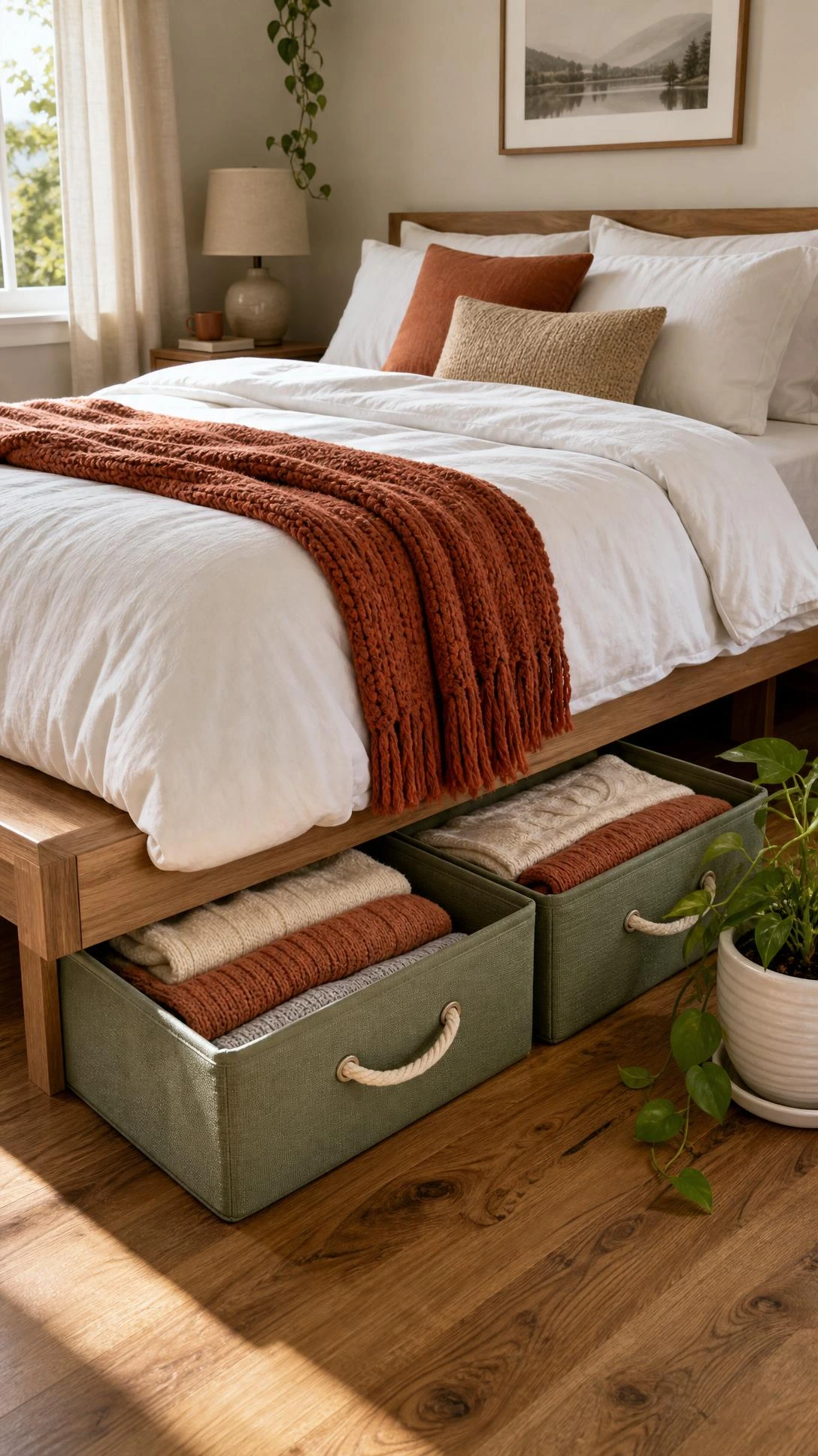 Dusty sage fabric under-bed storage bins pulled out from a low platform bed, holding neatly folded seasonal sweaters — a smart bedroom organization idea for small spaces
