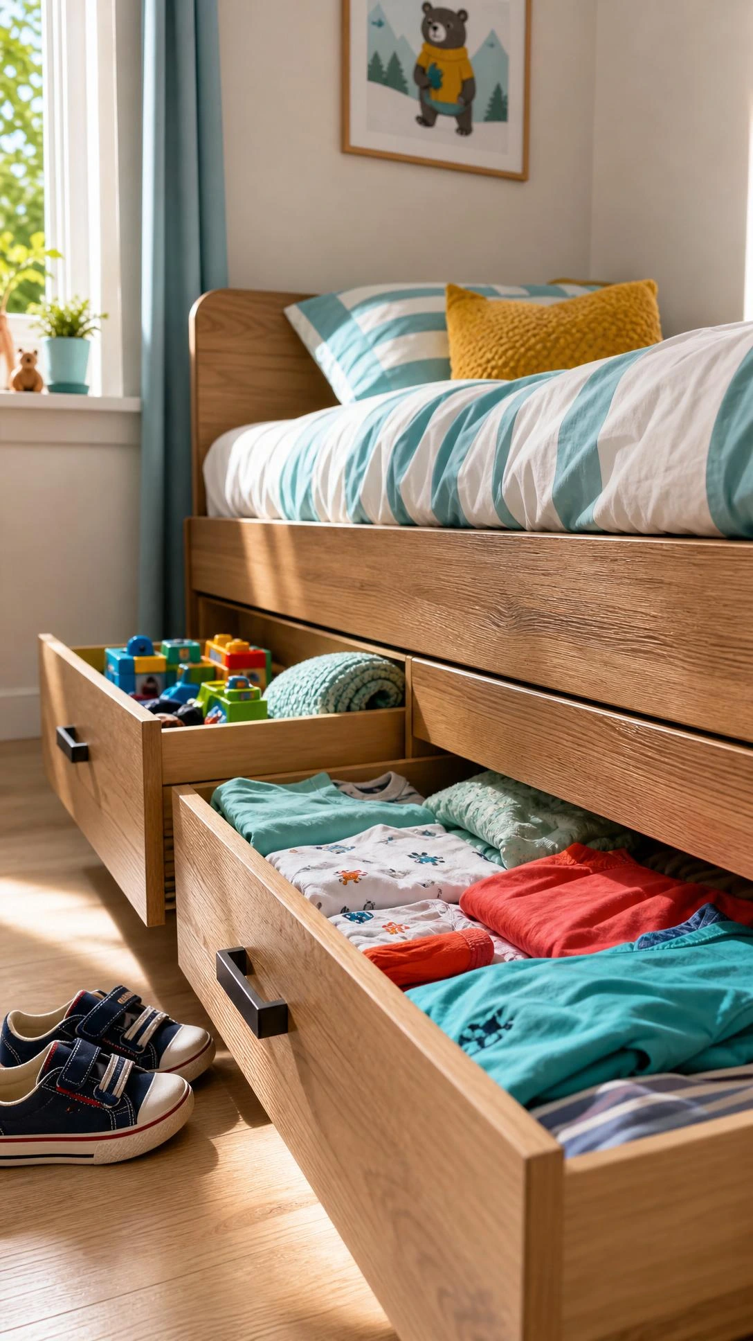 Built-in wooden pull-out drawers beneath a children's bed fully extended to reveal neatly folded teal and coral kids' clothes, maximizing under-bed storage in a small bedroom