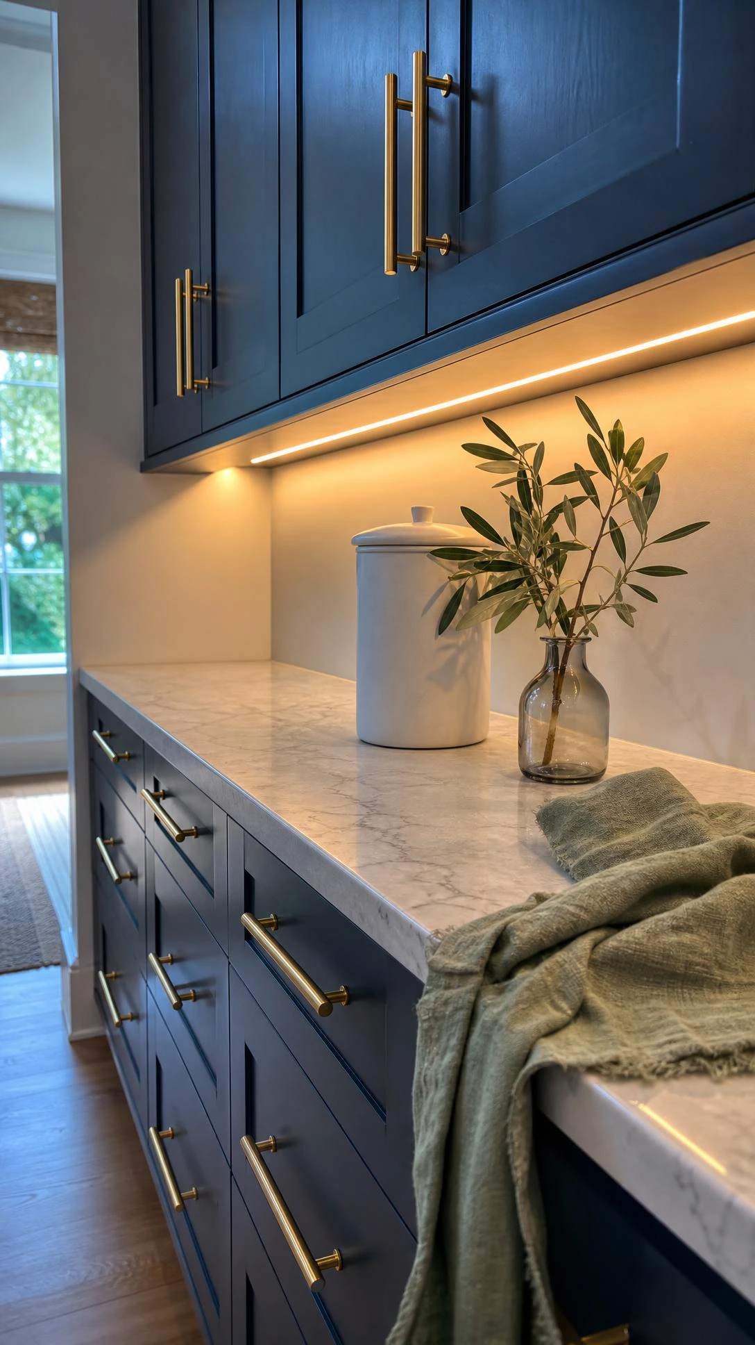 Warm white LED strip lights mounted under dark navy kitchen cabinets casting a soft glow across the entrance counter below