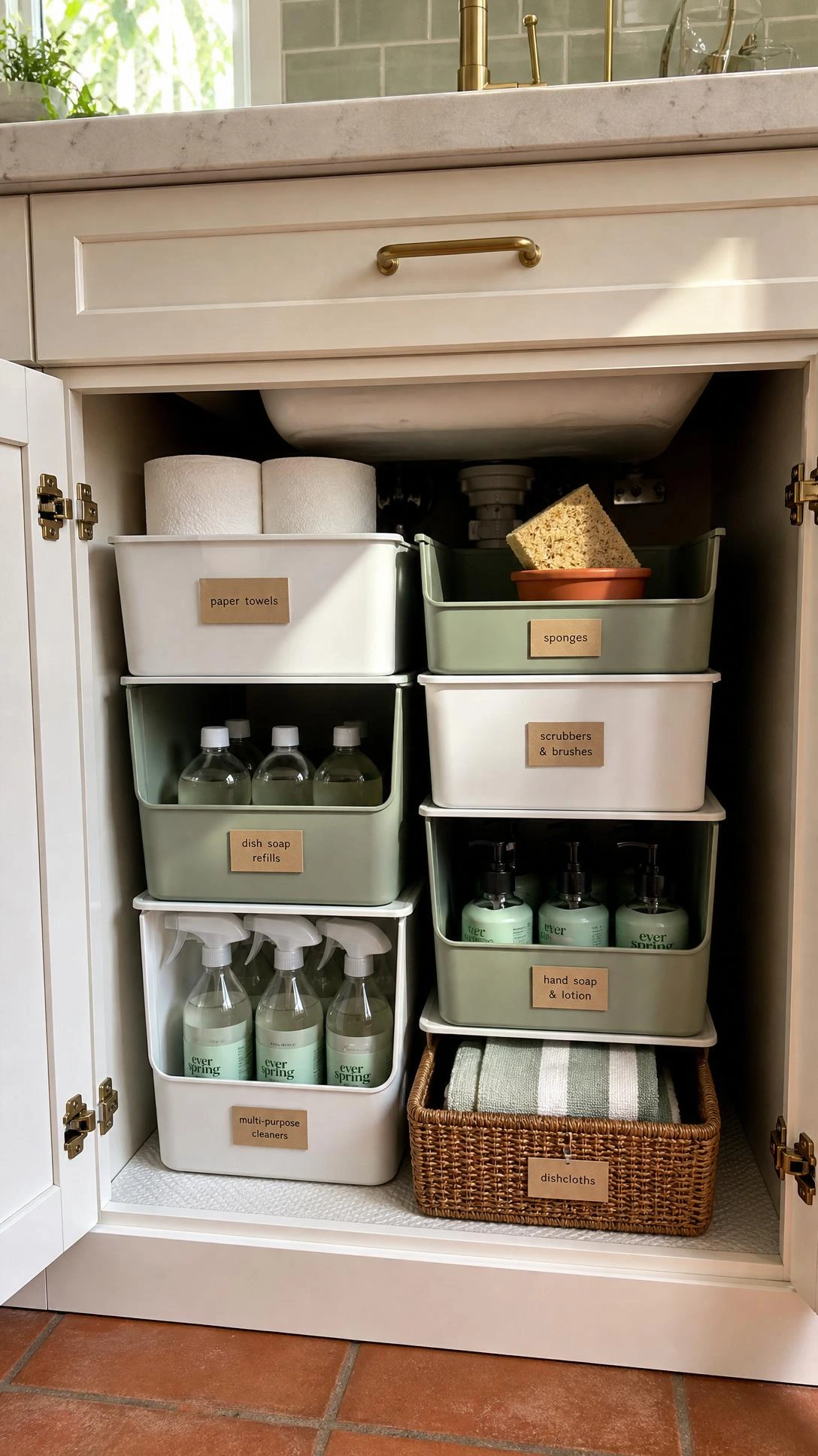 Organized under-sink cabinet with stacked matte white and sage green bins labeled for paper towels, soap refills, and sponges — a practical under-sink storage system