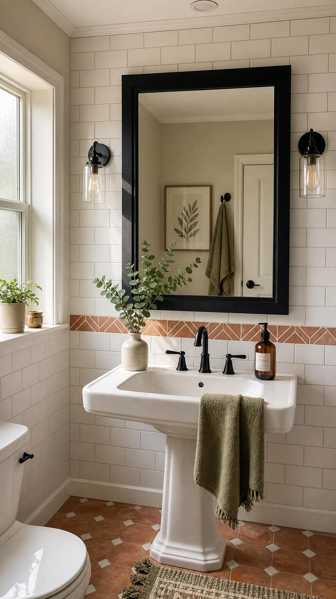 Chunky matte black framed mirror centered above a white pedestal sink, showing how a simple mirror upgrade transforms a small bathroom on a budget