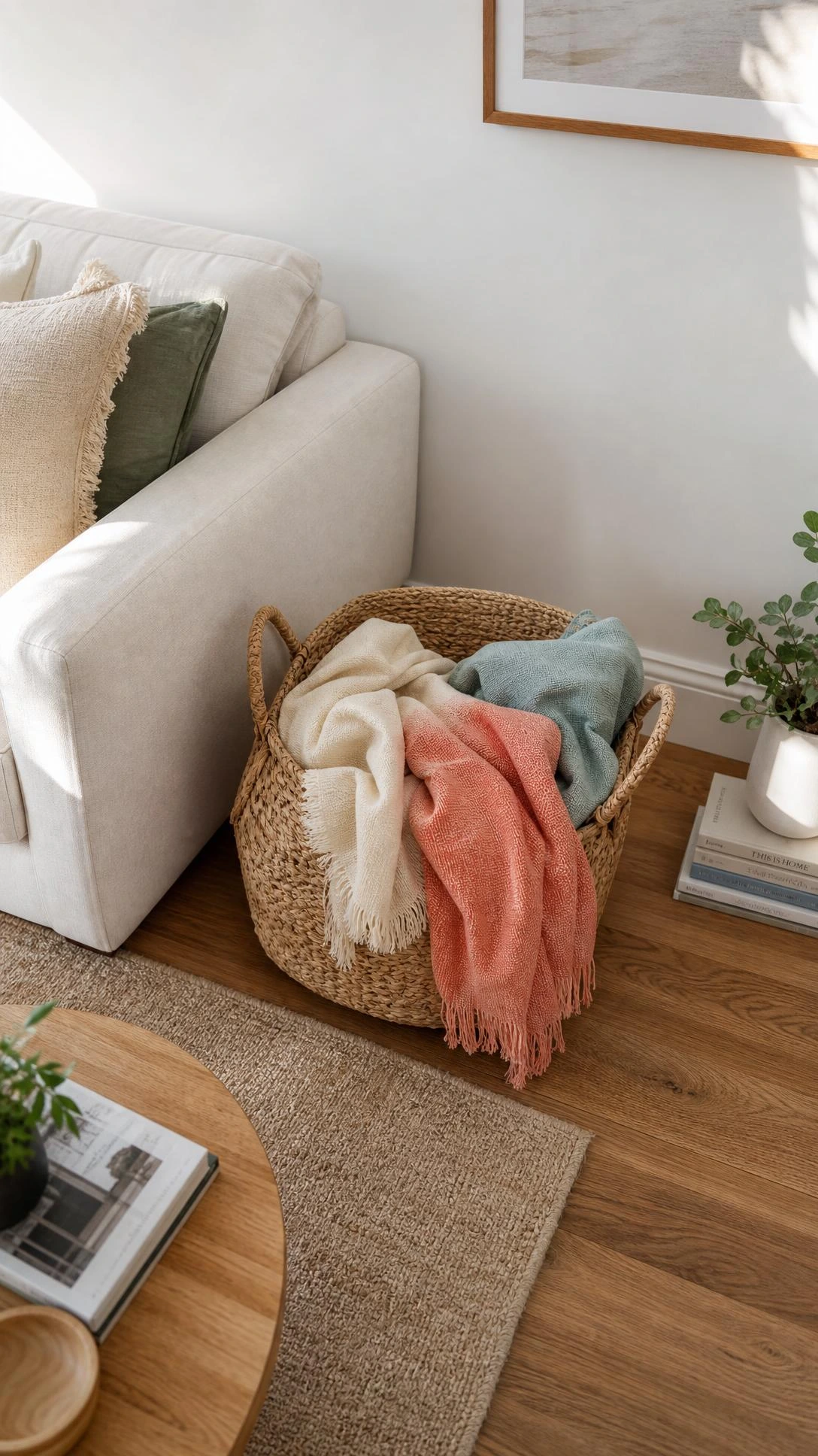 A woven basket holds extra throws beside the sofa, with cream, coral, and teal accents for summer.