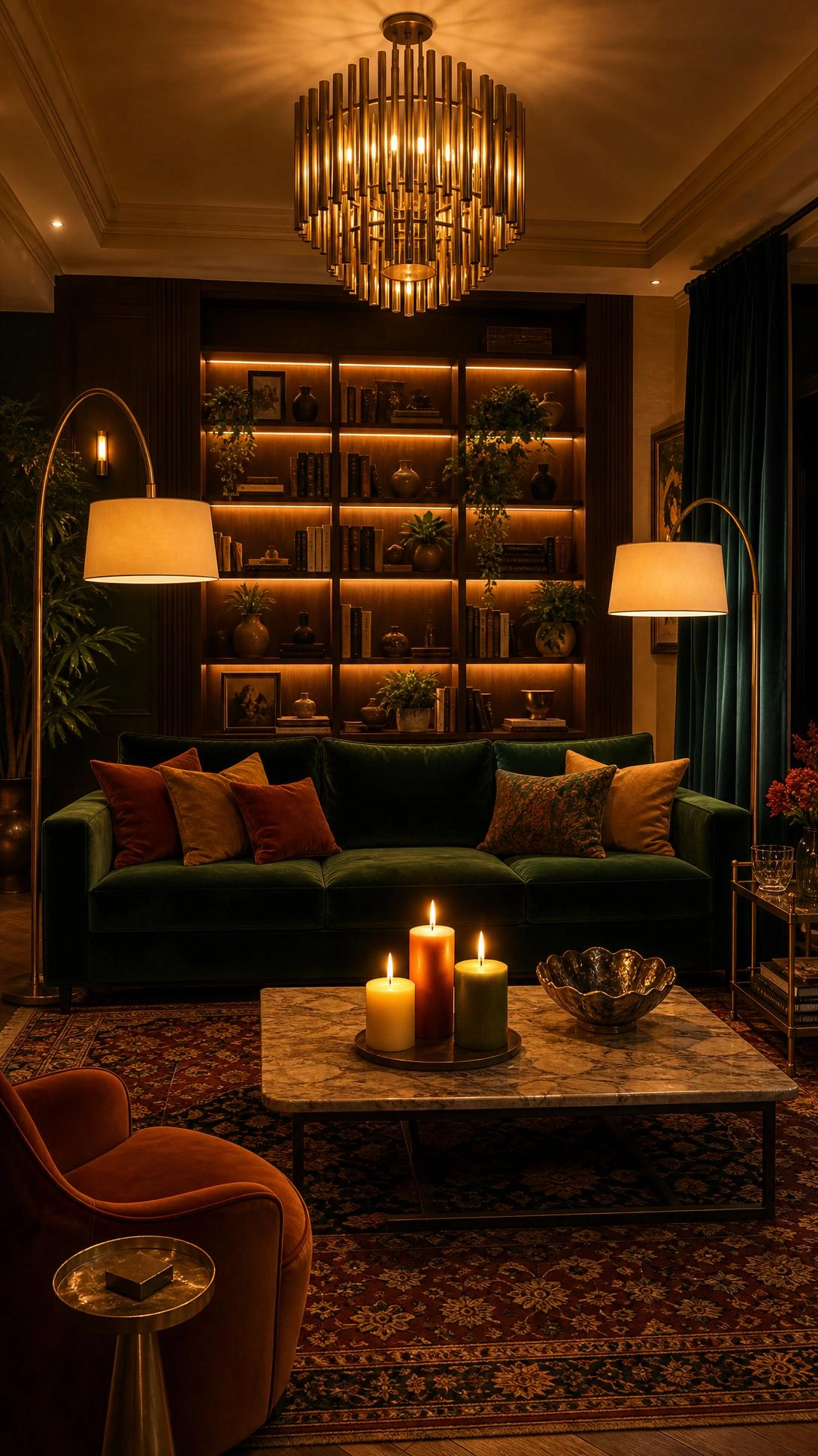 Luxury eclectic living room lit entirely by warm amber artificial lighting, with a brushed brass chandelier casting a soft golden glow from a high ceiling