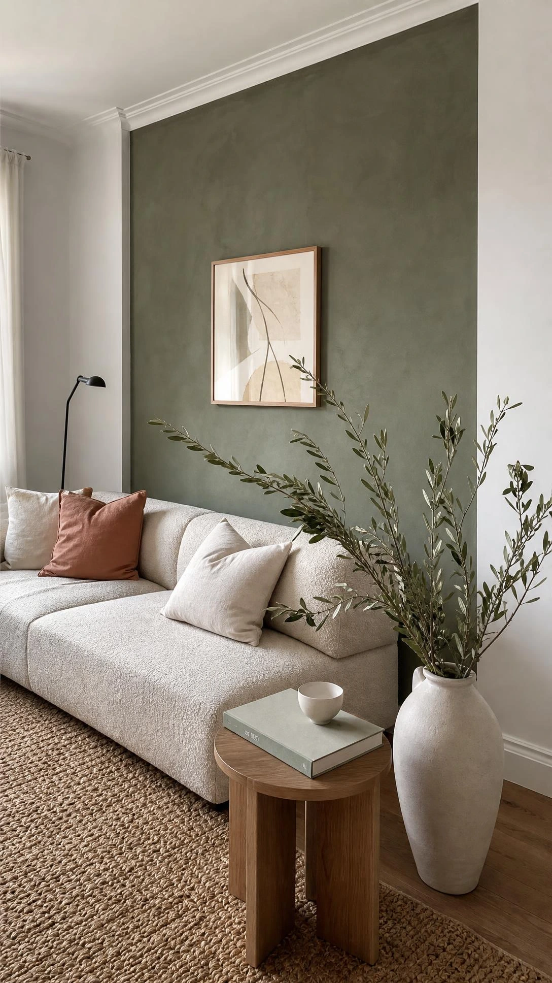 Living room corner showing one deep dusty sage green accent wall contrasting against flat white walls, revealing why single-color white rooms lack visual depth