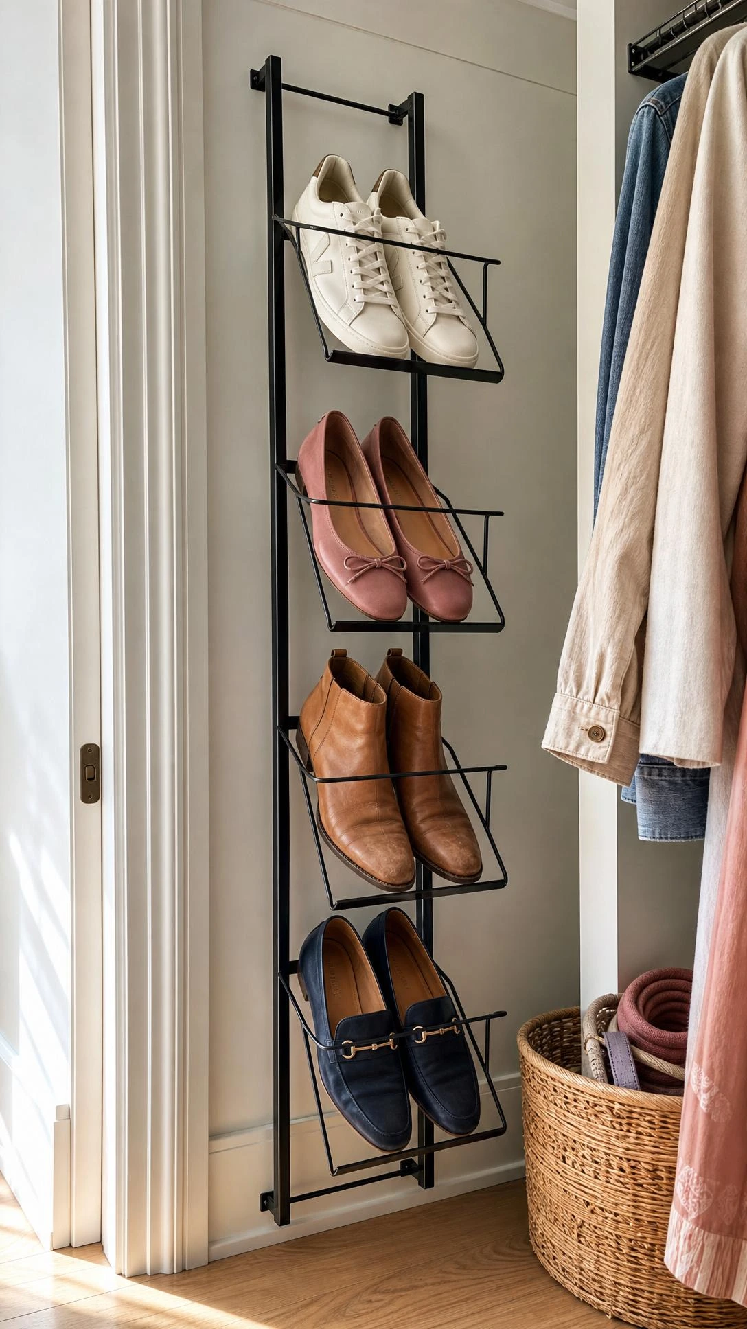 Floor-to-ceiling vertical shoe storage rack inside a bedroom closet, with angled metal shelves holding white sneakers and dusty rose flats — maximizing closet height efficiently