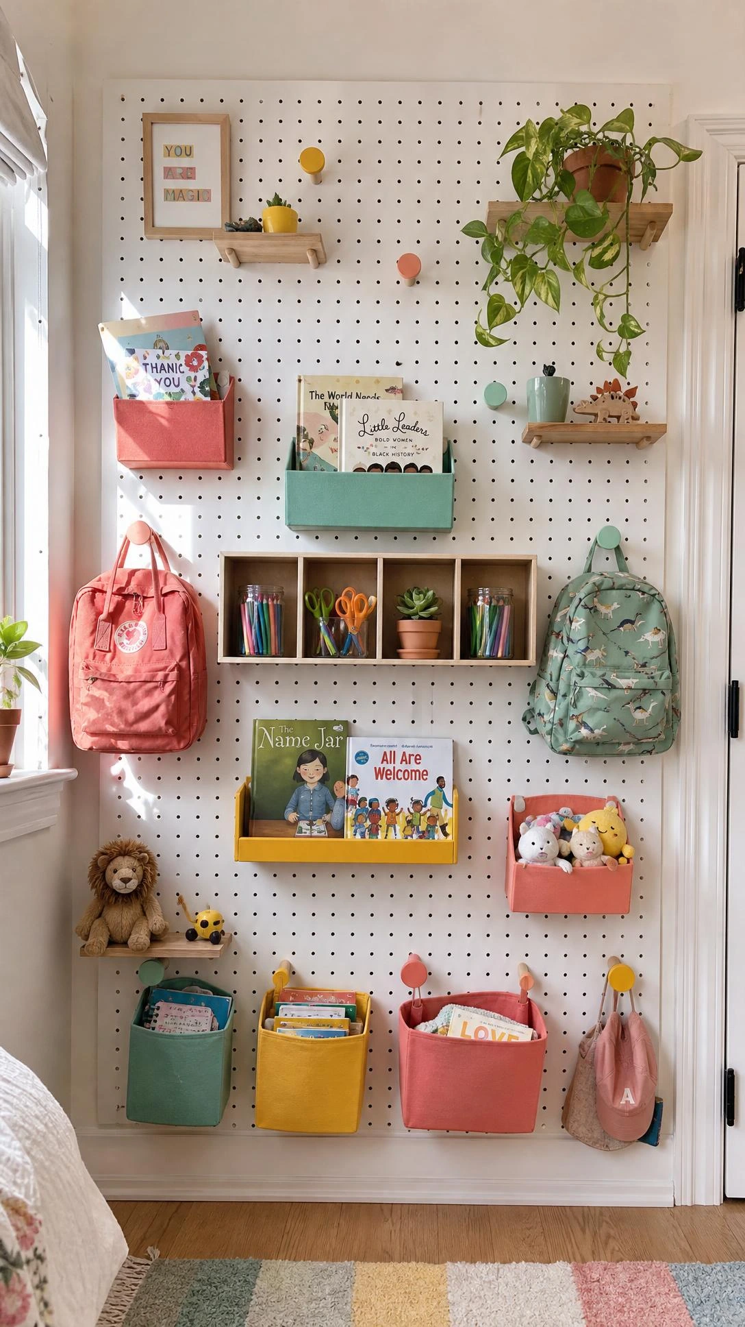Floor-to-ceiling white pegboard in a small kids bedroom with colorful pegs, pastel shelves, and fabric bins maximizing vertical storage space