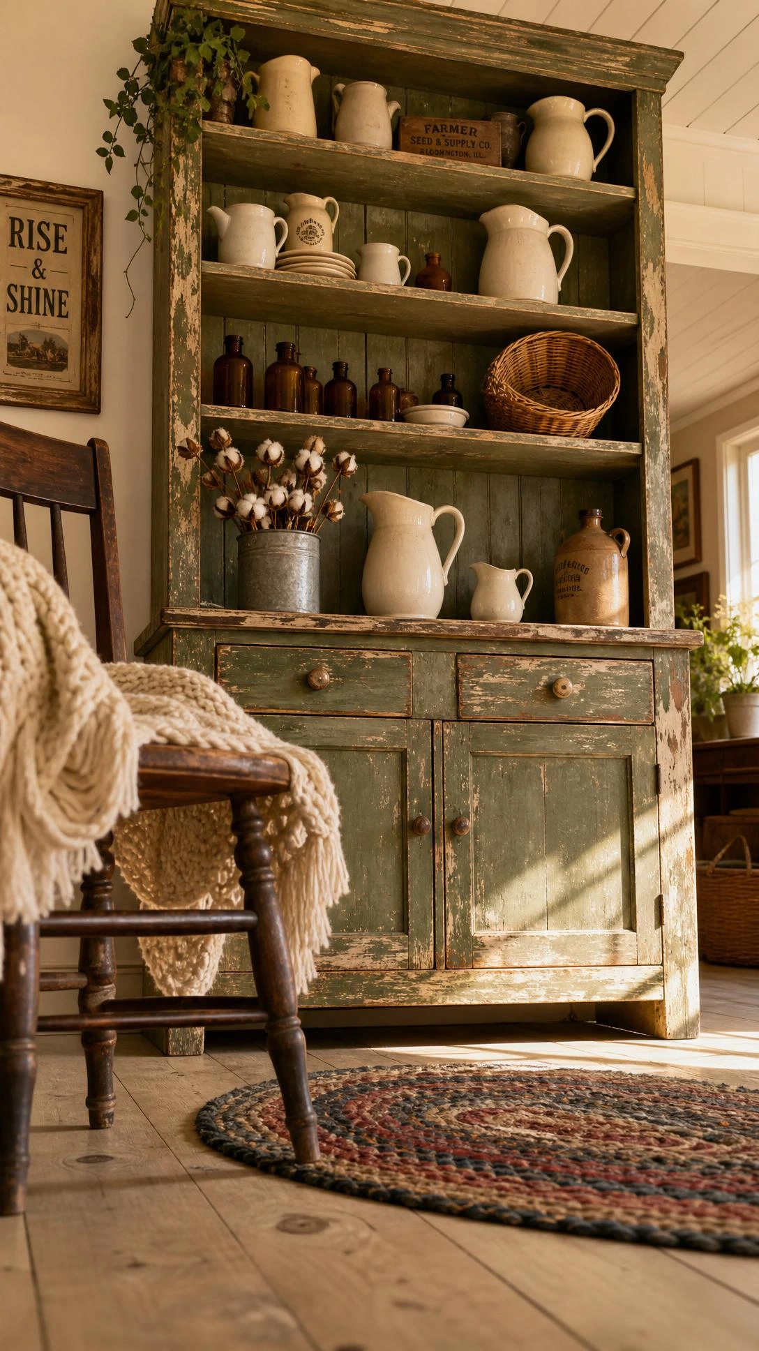 Weathered sage green antique hutch with chippy paint and layered cream finish anchors a warmly lit farmhouse living room, showing how vintage furniture adds timeless character