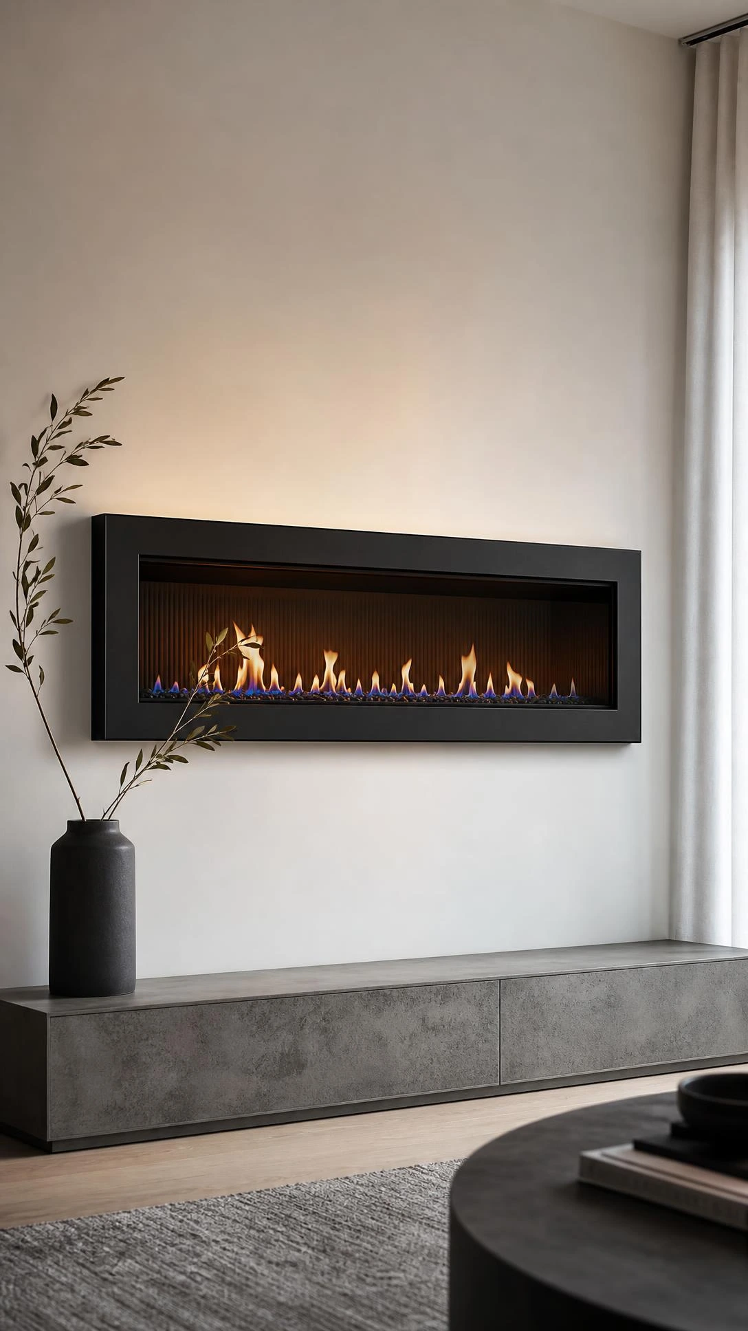 Wall-mounted linear fireplace with amber and blue flames behind glass panel, flush against matte white wall in a small living room
