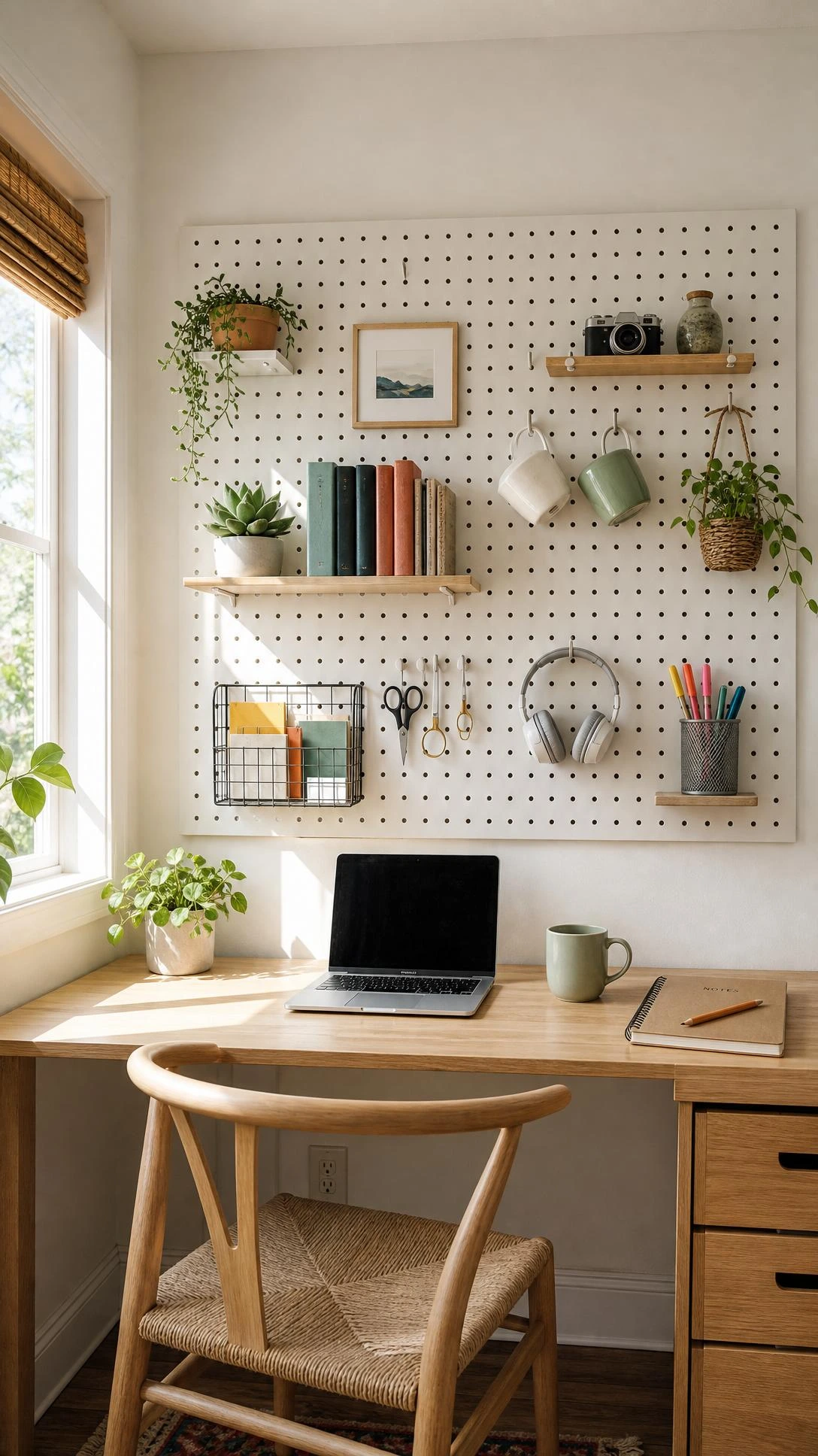 White pegboard mounted above a wooden desk organizing supplies, tools, and accessories in a bright home office corner with natural light