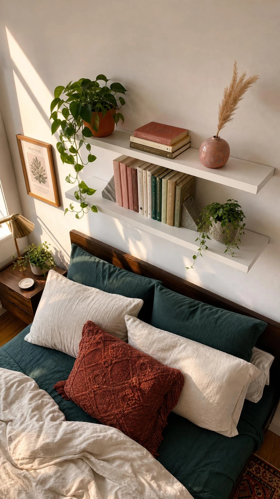 White floating shelves mounted above a bed headboard, styled with a trailing pothos in a terracotta pot — a smart wall organization idea that draws the eye up and frees floor space
