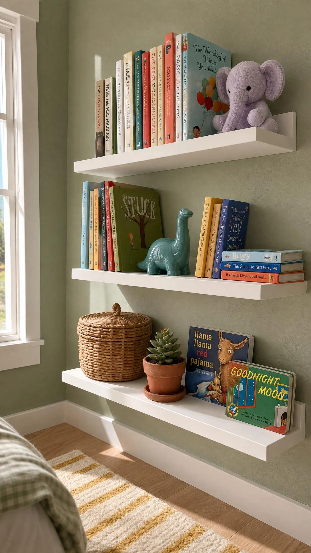 Wall-mounted white floating shelves on sage-green wall displaying colorful children's books, freeing up floor space in a small kids bedroom