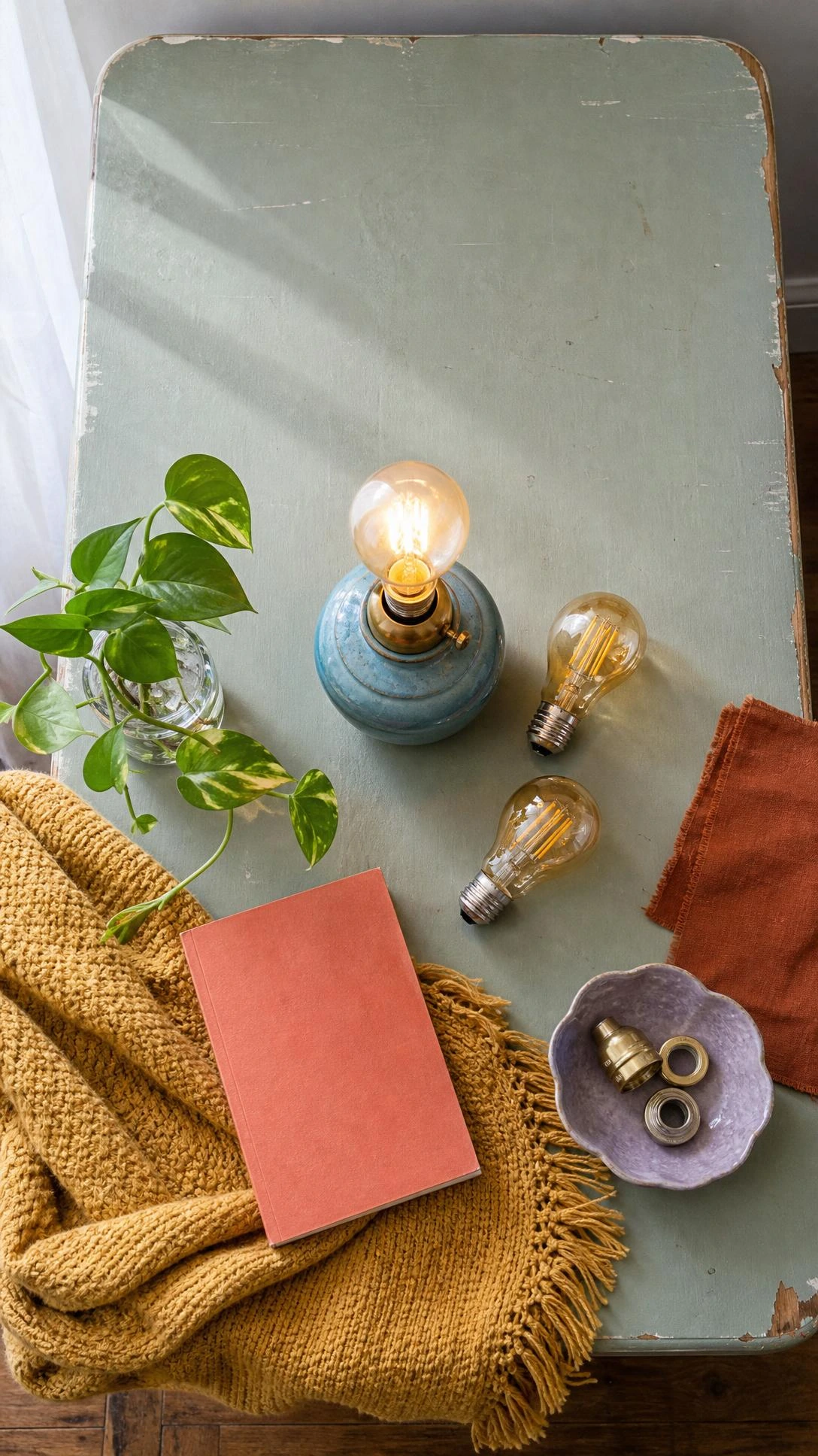 Overhead flat lay of three warm LED bulbs on a painted side table, a cozy DIY home decor on a budget lighting hack.