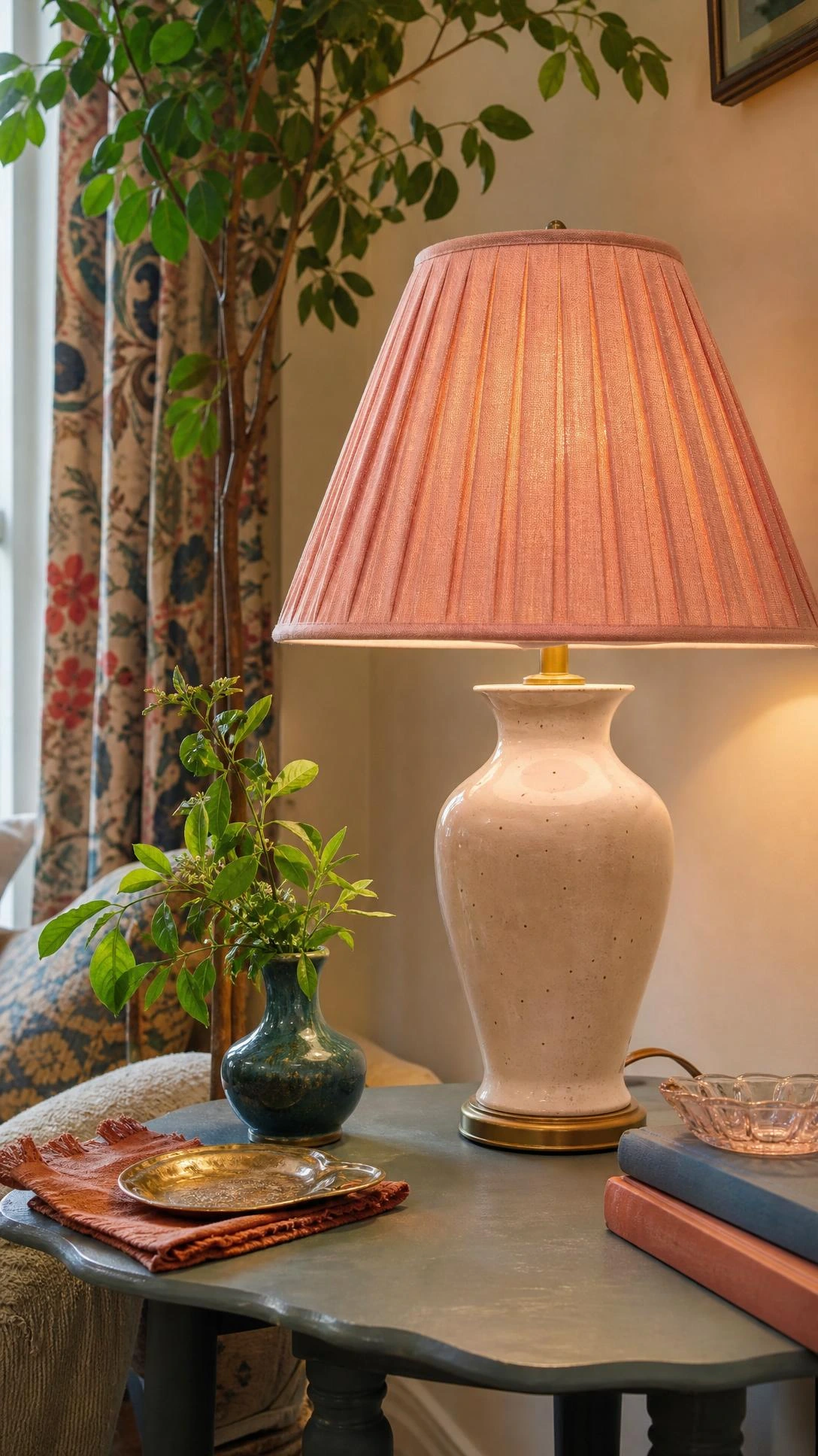 Thrifted ceramic lamp with blush pleated shade glows on a painted side table, a budget DIY home decor lighting update