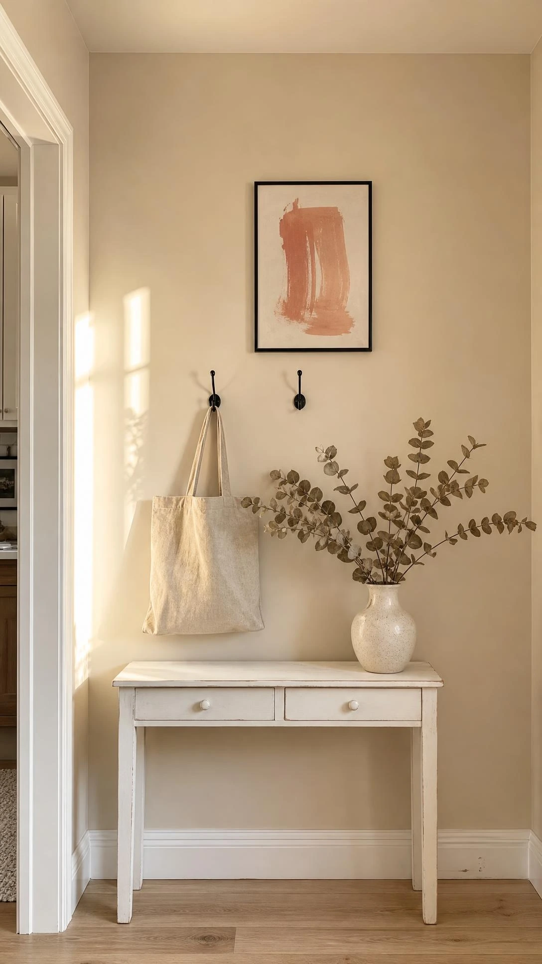 Kitchen entryway wall in warm creamy neutral paint catching afternoon light, a soft wheat-sand tone with blush undertones that transforms the first impression of the space
