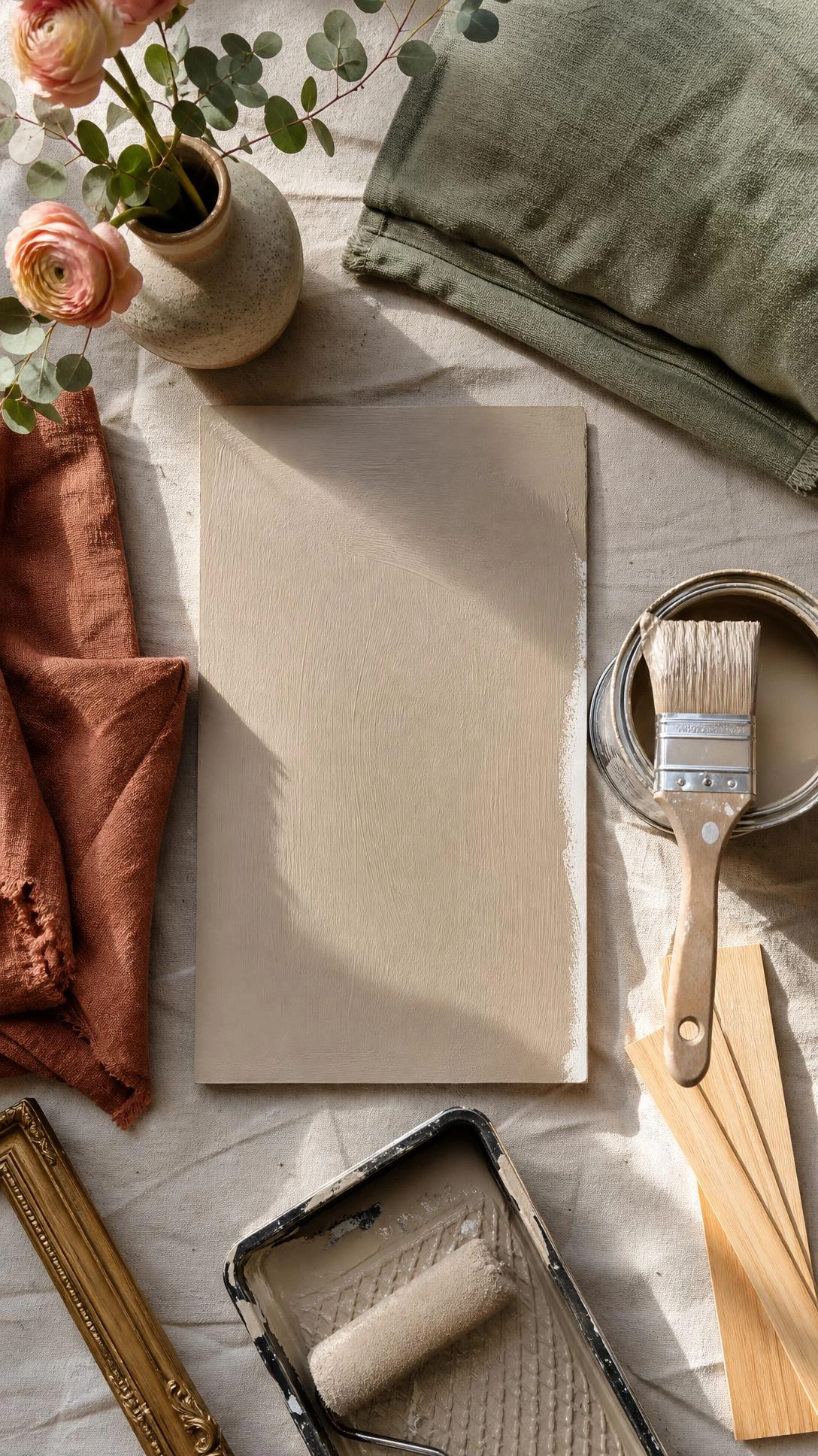 Overhead flat lay with a warm neutral paint color sample board in creamy greige-taupe, showing brush texture for a luxe budget refresh