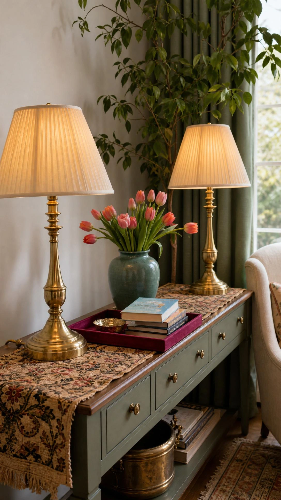Two thrifted brass warm table lamps with cream pleated shades glow on a narrow console in a cozy living room corner