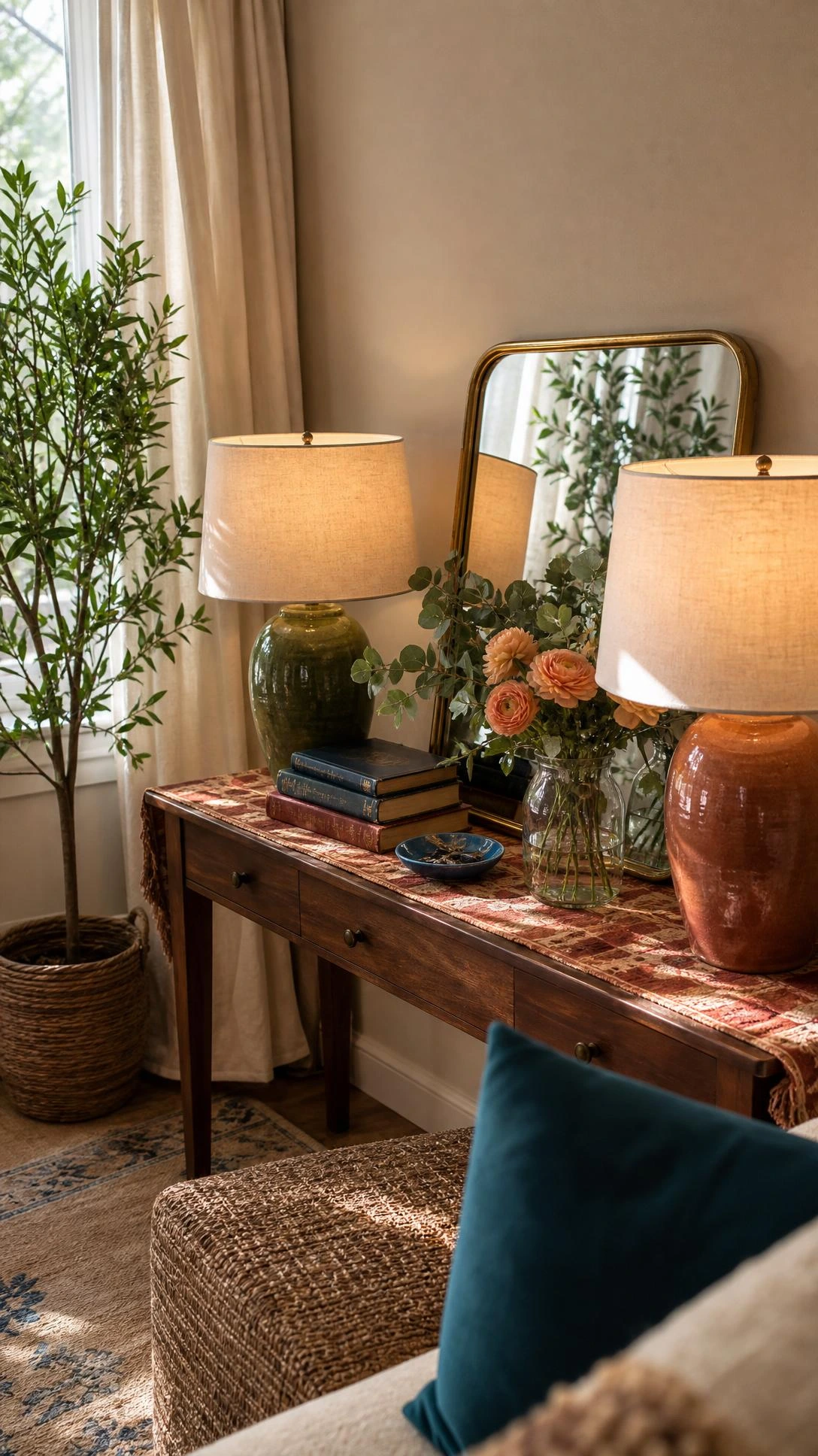 Warm table lamps with olive and terracotta ceramic bases glow on a slim walnut console in a small apartment corner