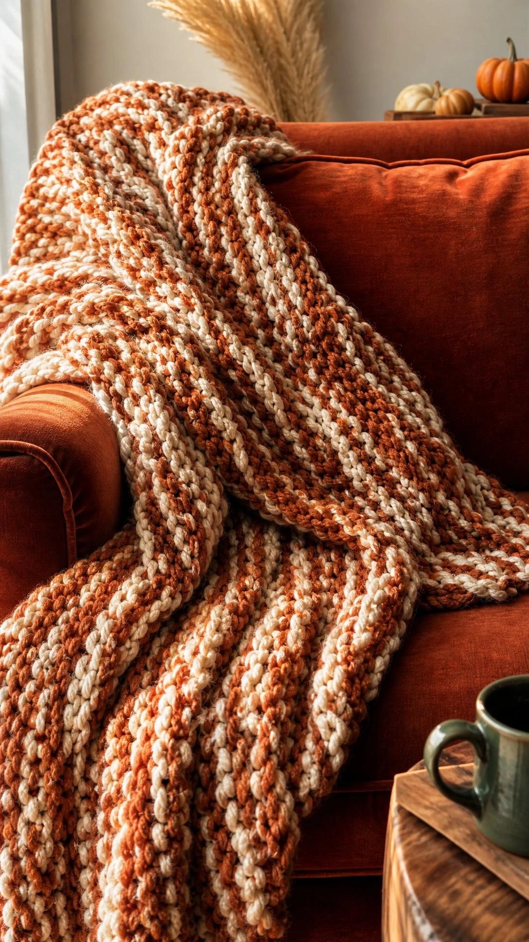 Chunky knit throw blanket in burnt sienna and cream draped over a rust velvet sofa, styled with warm fall living room texture and natural light